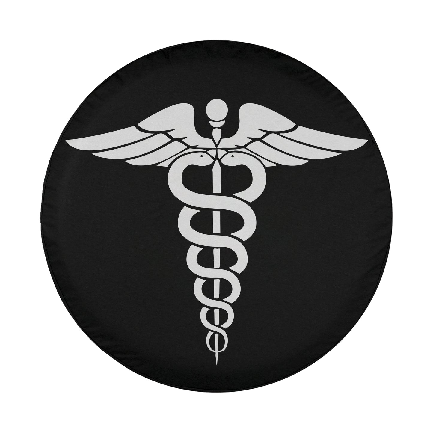 A black tire cover with a white medical symbol, which appears to be a caduceus, a symbol commonly associated with medicine and healthcare.