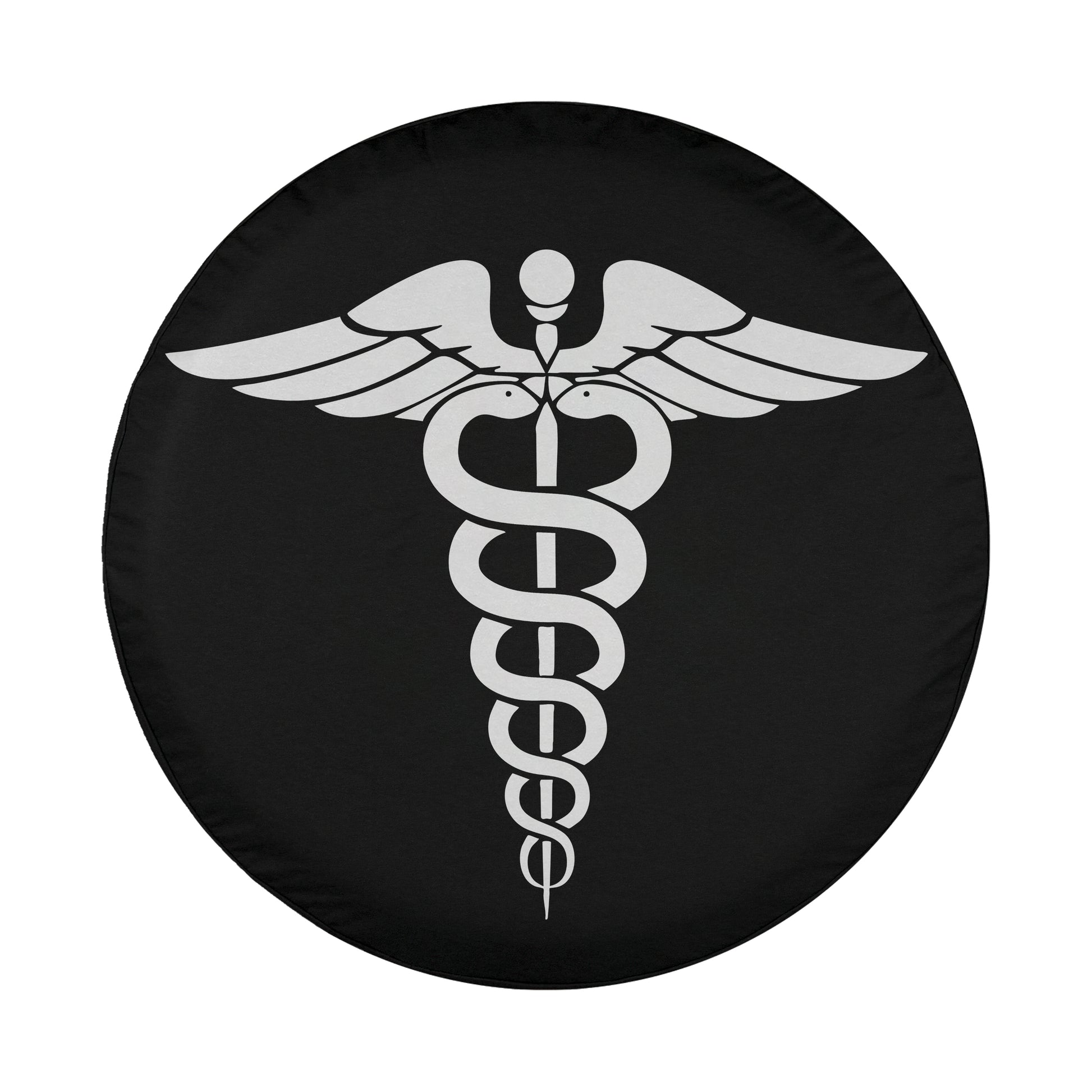 A black tire cover with a white medical symbol, which appears to be a caduceus, a symbol commonly associated with medicine and healthcare.
