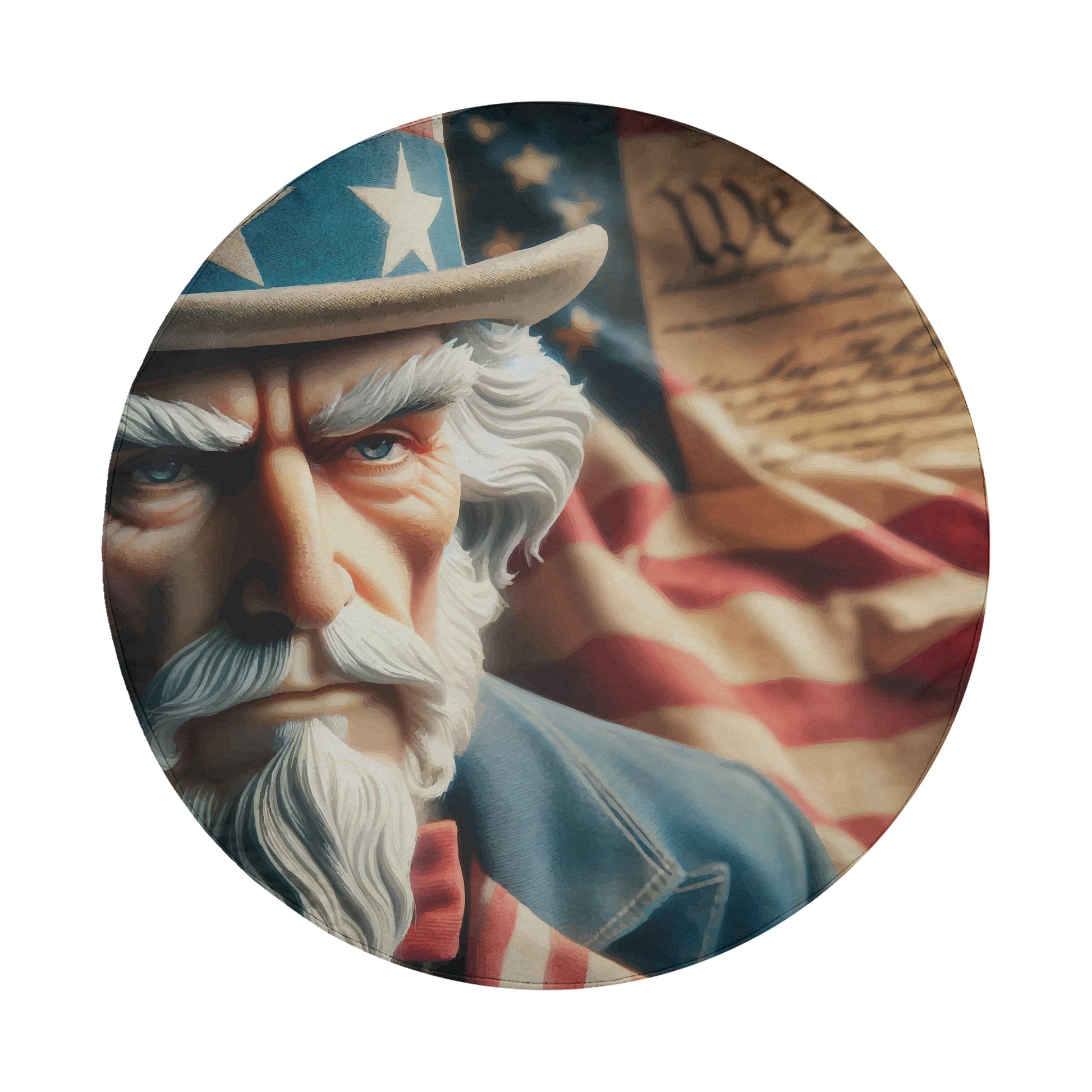 A close-up of a stern-looking man wearing a hat with stars, set against an American flag.