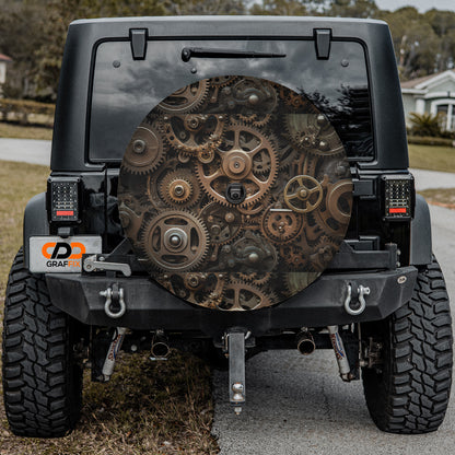 a black jeep with gears on the back of it