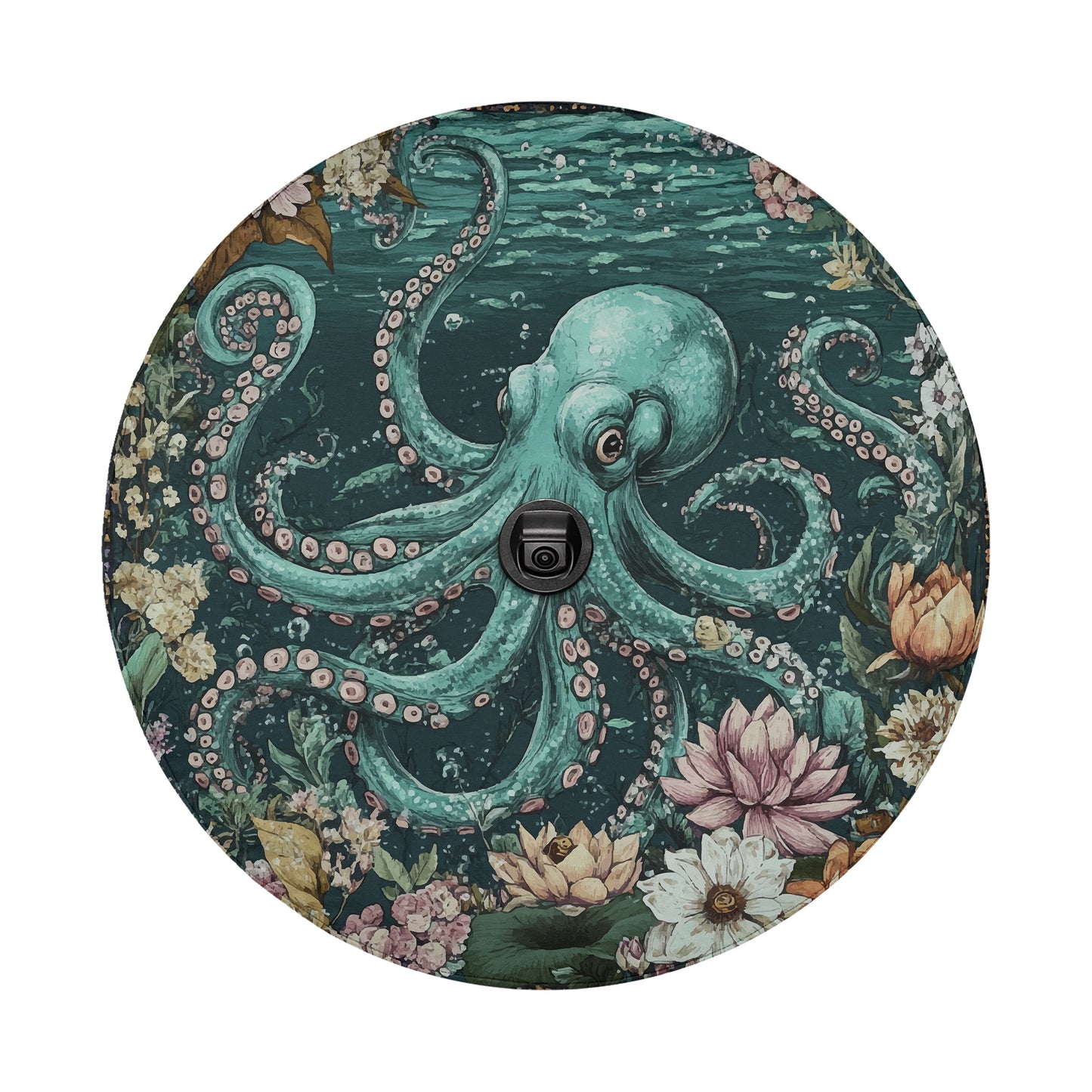 A large, colorful octopus with tentacles spread out, surrounded by various flowers and plants in a lush underwater scene.