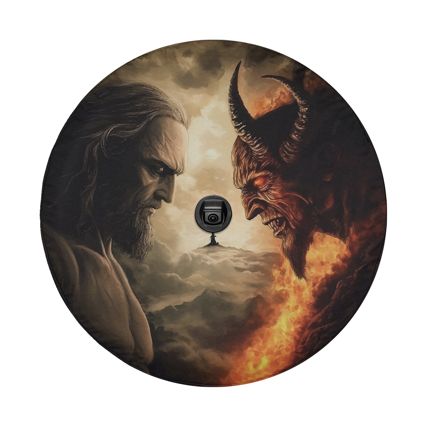 a painting of a man and a demon facing each other