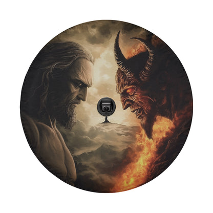a painting of a man and a demon facing each other