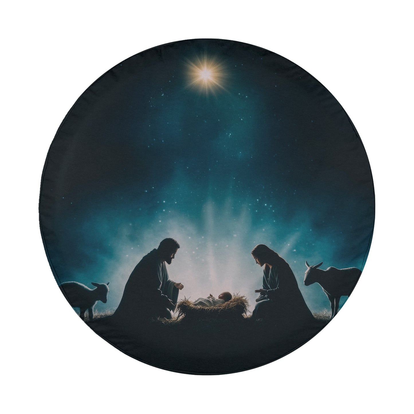A nativity scene depicting the birth of Jesus Christ, with the Virgin Mary and baby Jesus in a manger surrounded by animals.