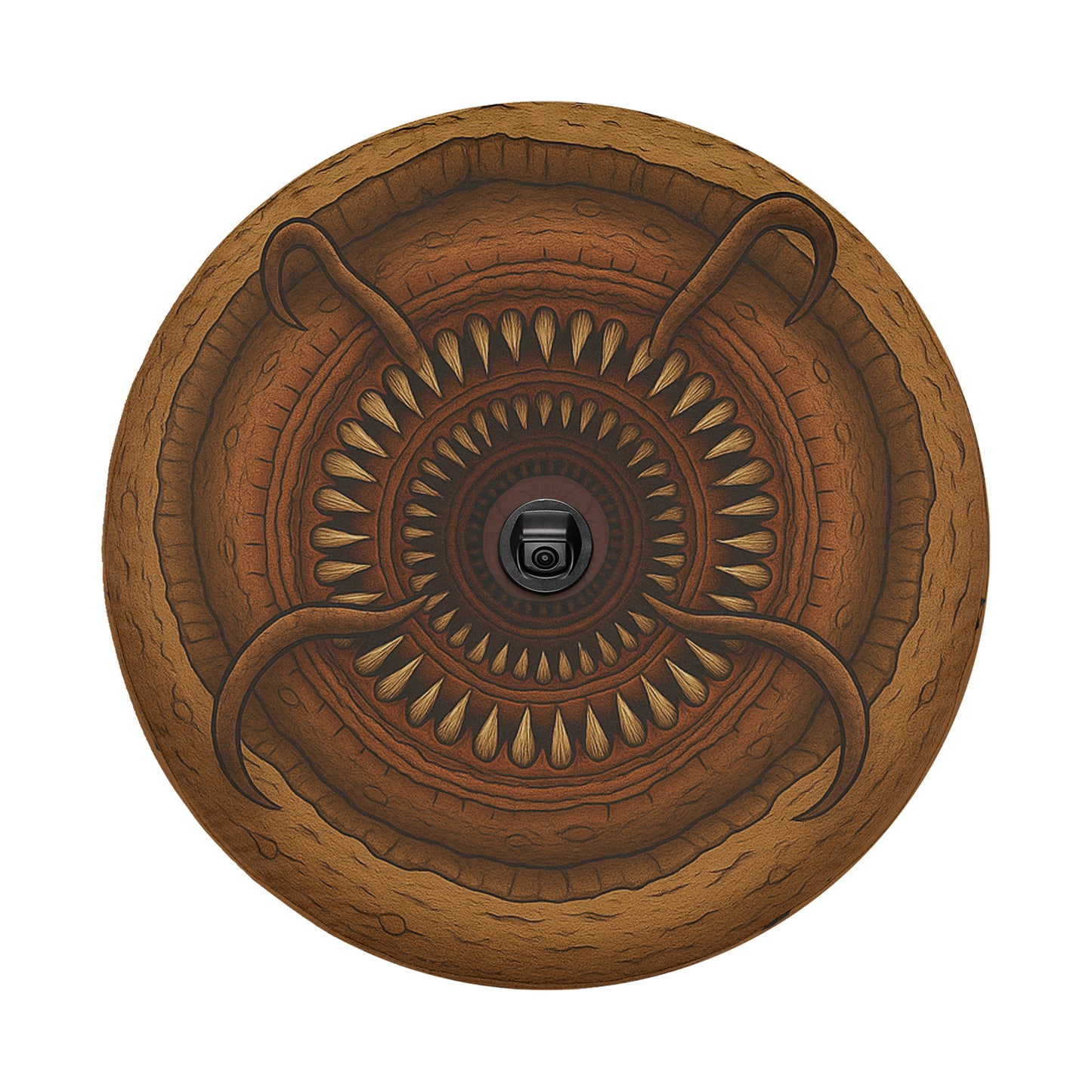 a circular design with a central black object surrounded by intricate patterns and designs in brown and orange tones.
