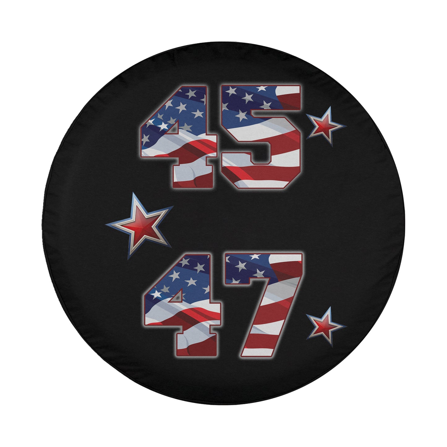 A black tire cover with the numbers 45 and 47 printed on it, along with American flag designs and stars.