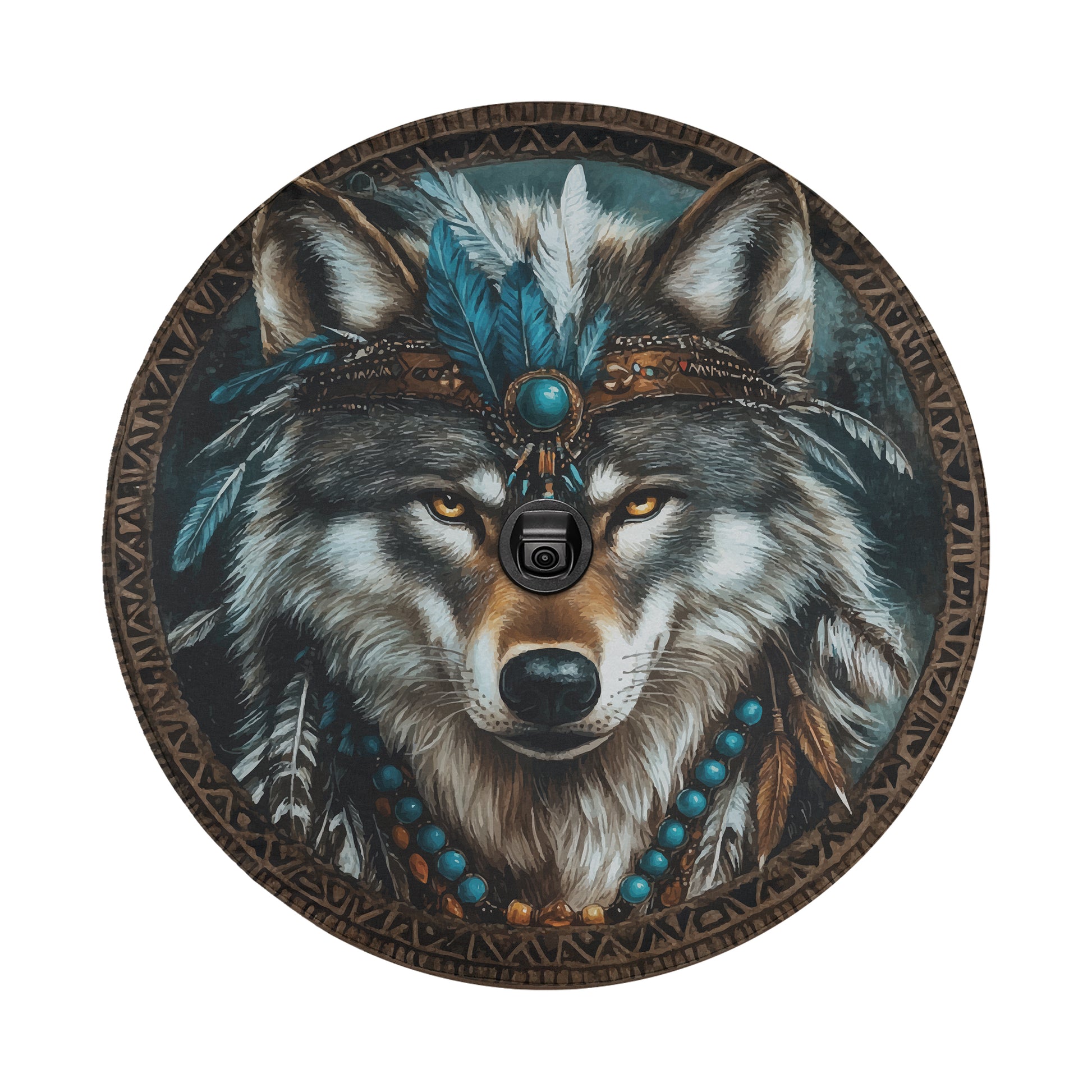 A close-up of a wolf's face, adorned with feathers and beads, is depicted in the image.