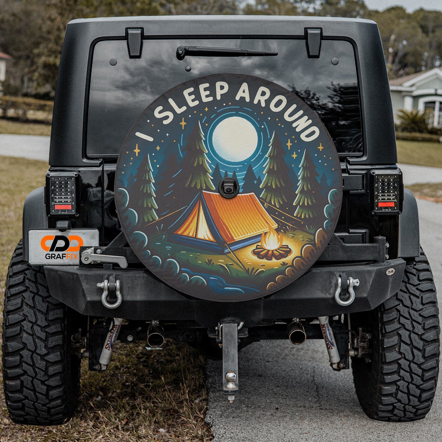 a black jeep with a camping theme painted on it