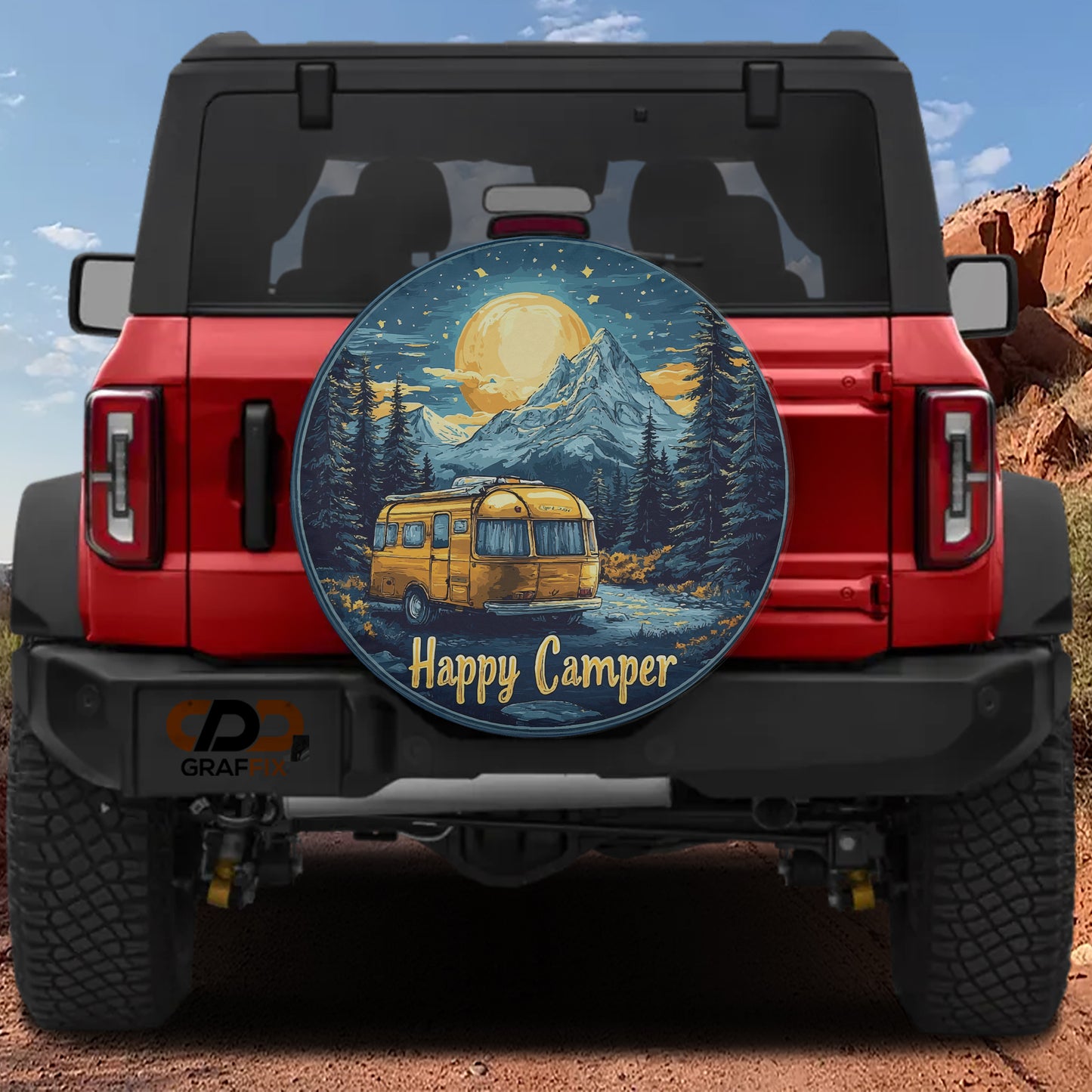 a red Jeep Wrangler with a round decal on the rear window depicting a yellow camper van and a mountain landscape at night.
