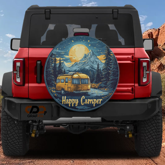 a red Jeep Wrangler with a round decal on the rear window depicting a yellow camper van and a mountain landscape at night.