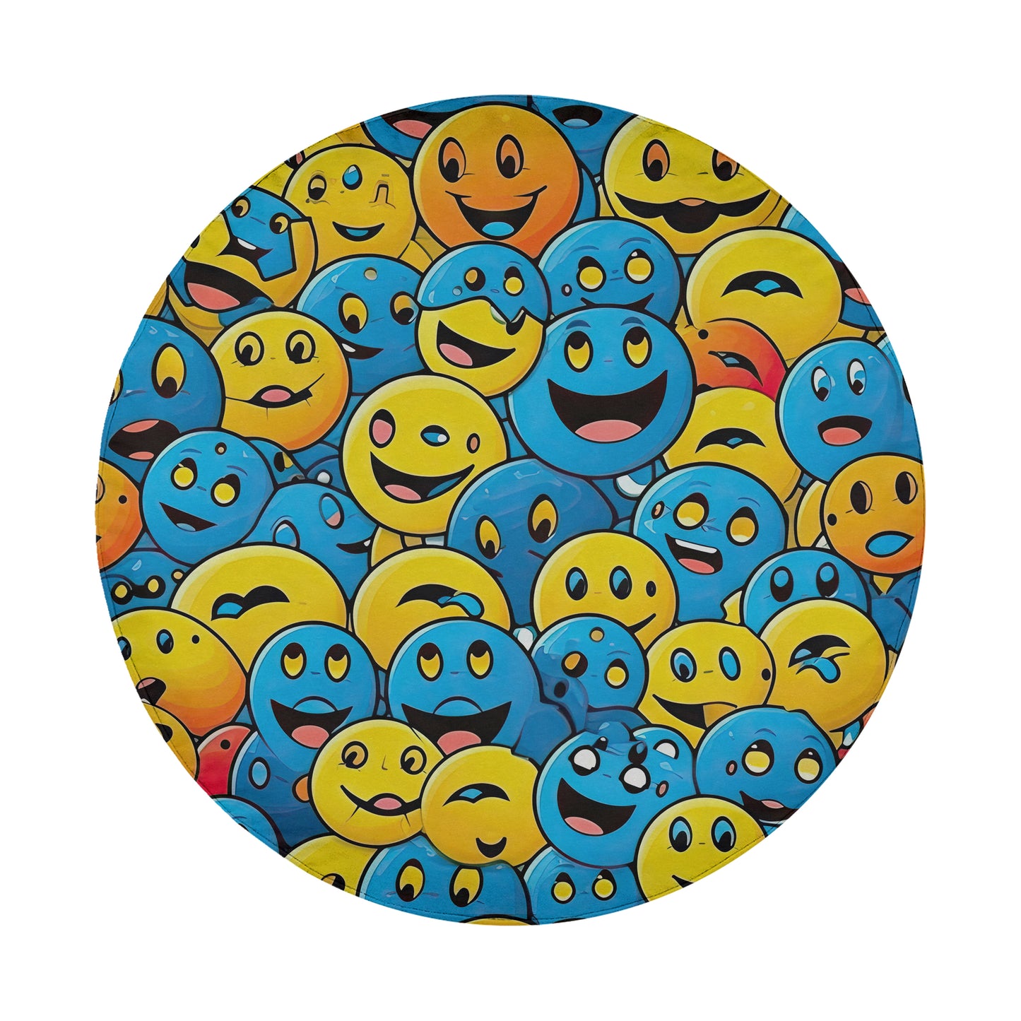The image is a collage of various colorful and smiling faces, including both yellow and blue ones, arranged in a circular pattern.