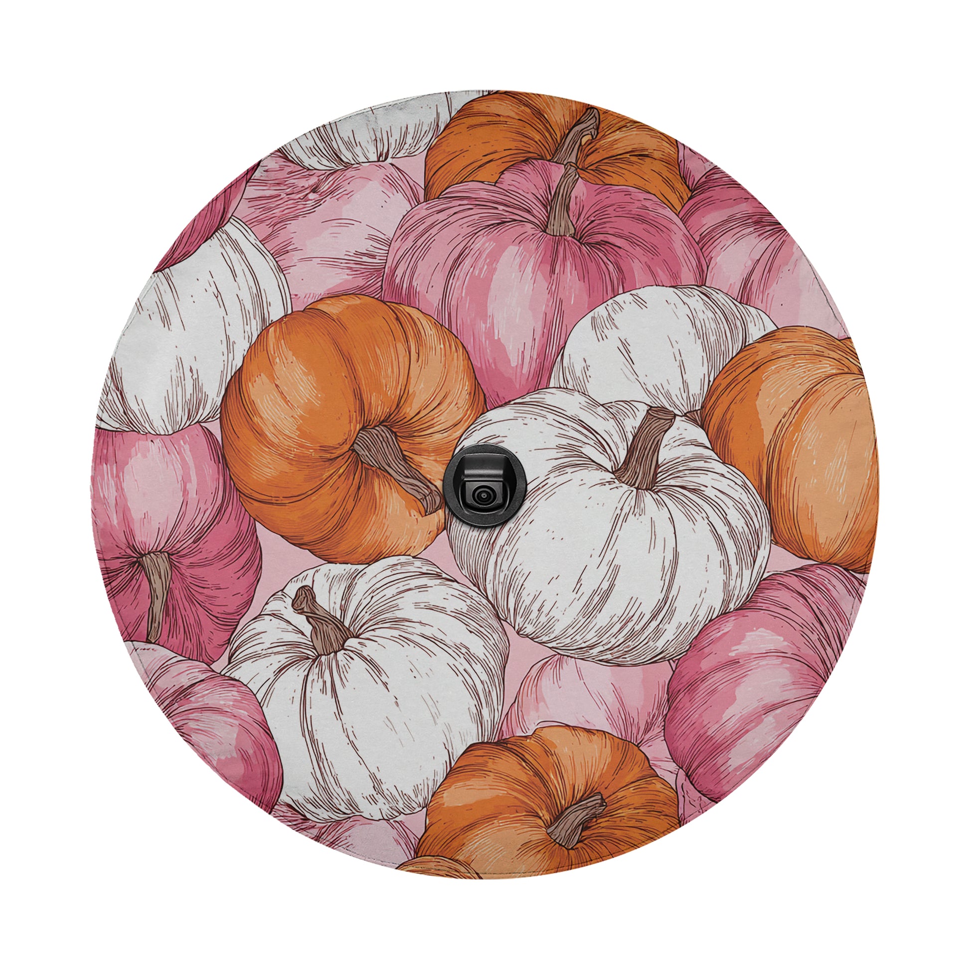 a circular pattern of various colored pumpkins, including white, orange, and pink, arranged in a visually appealing manner.
