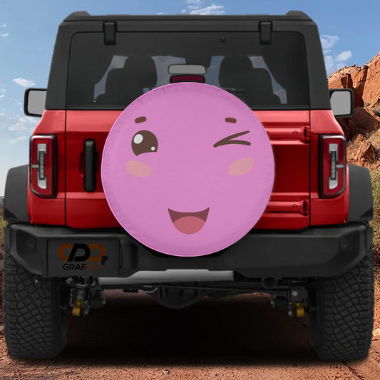 a red Jeep Wrangler with a large, cartoonish wheel cover on the back.