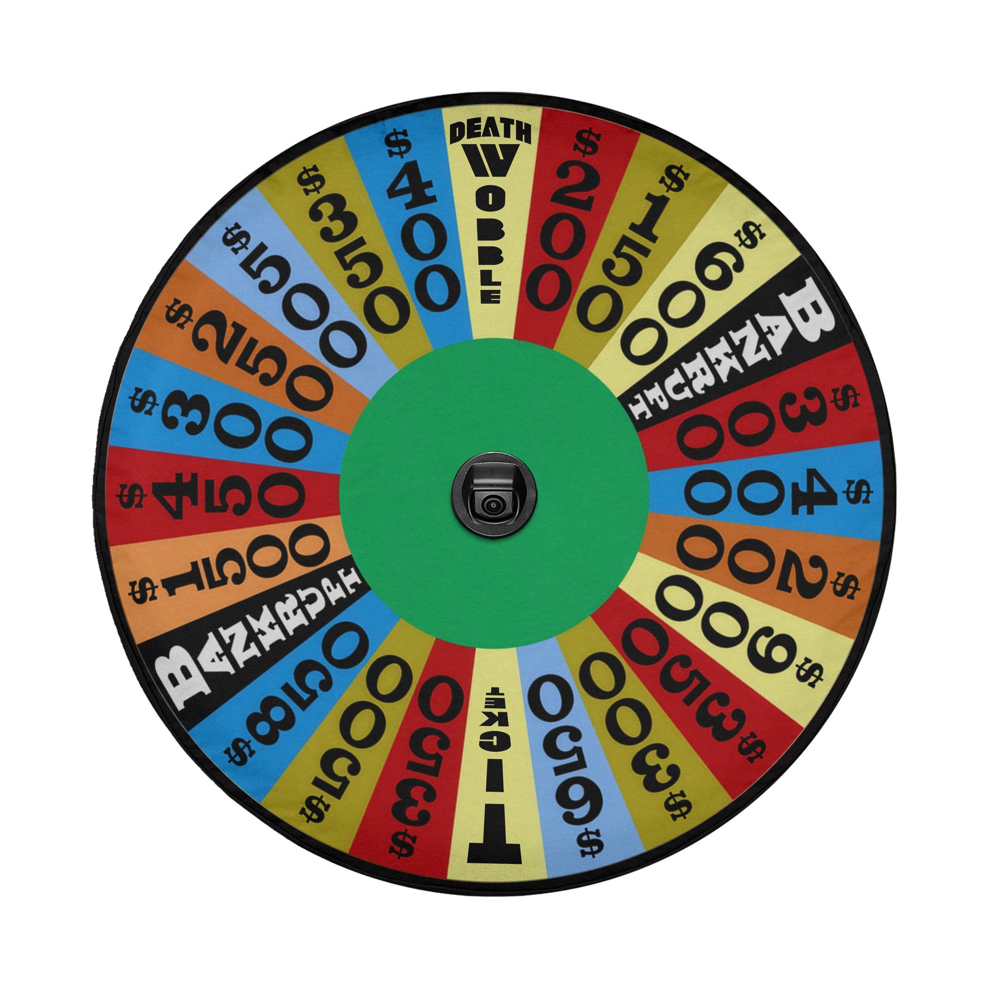 a colorful wheel of fortune with various numbers and symbols, including the word "DEATH" prominently displayed.