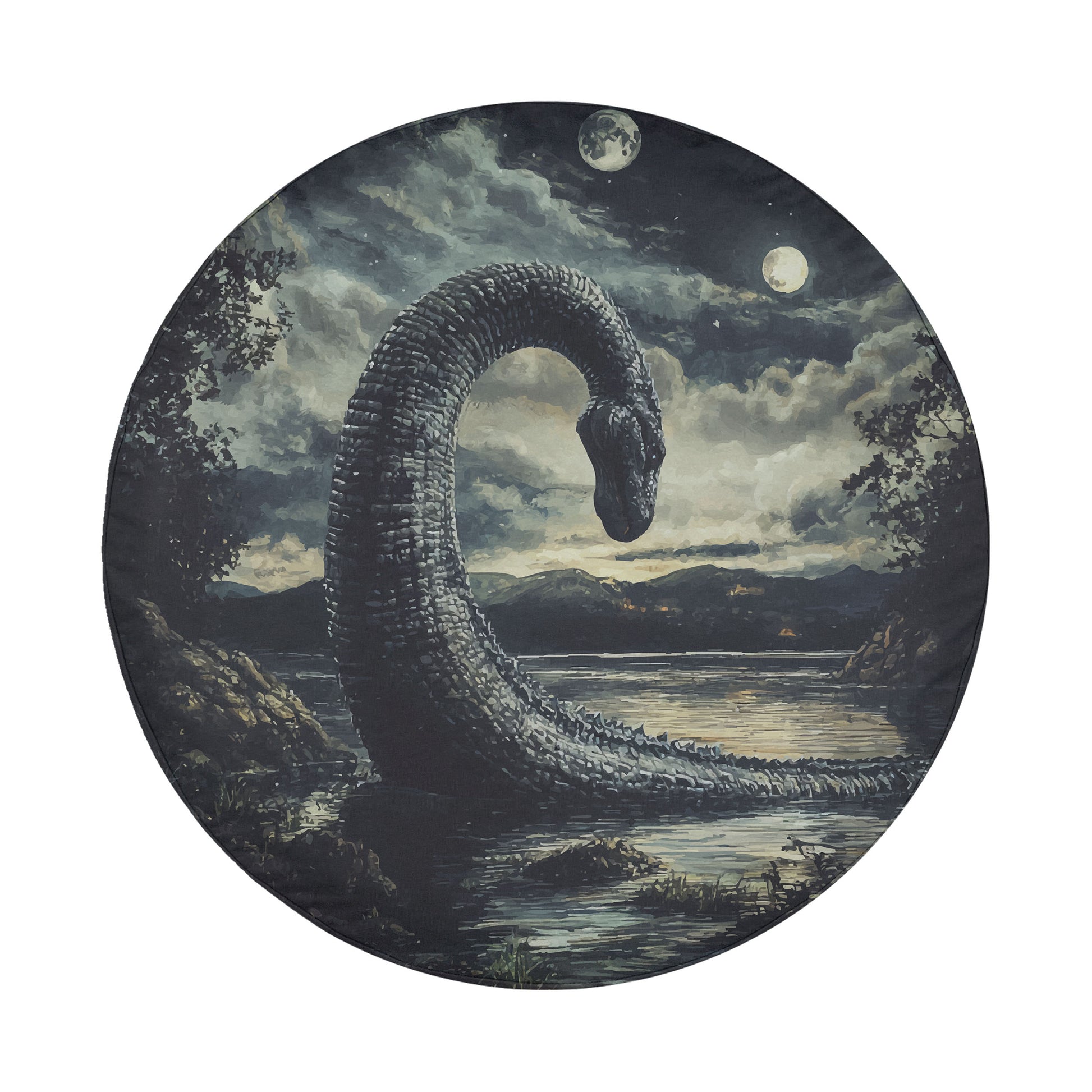 A large, dark-colored, elongated creature resembling a dinosaur or prehistoric animal is depicted in a serene, natural setting with a lake, mountains, and a moonlit sky.