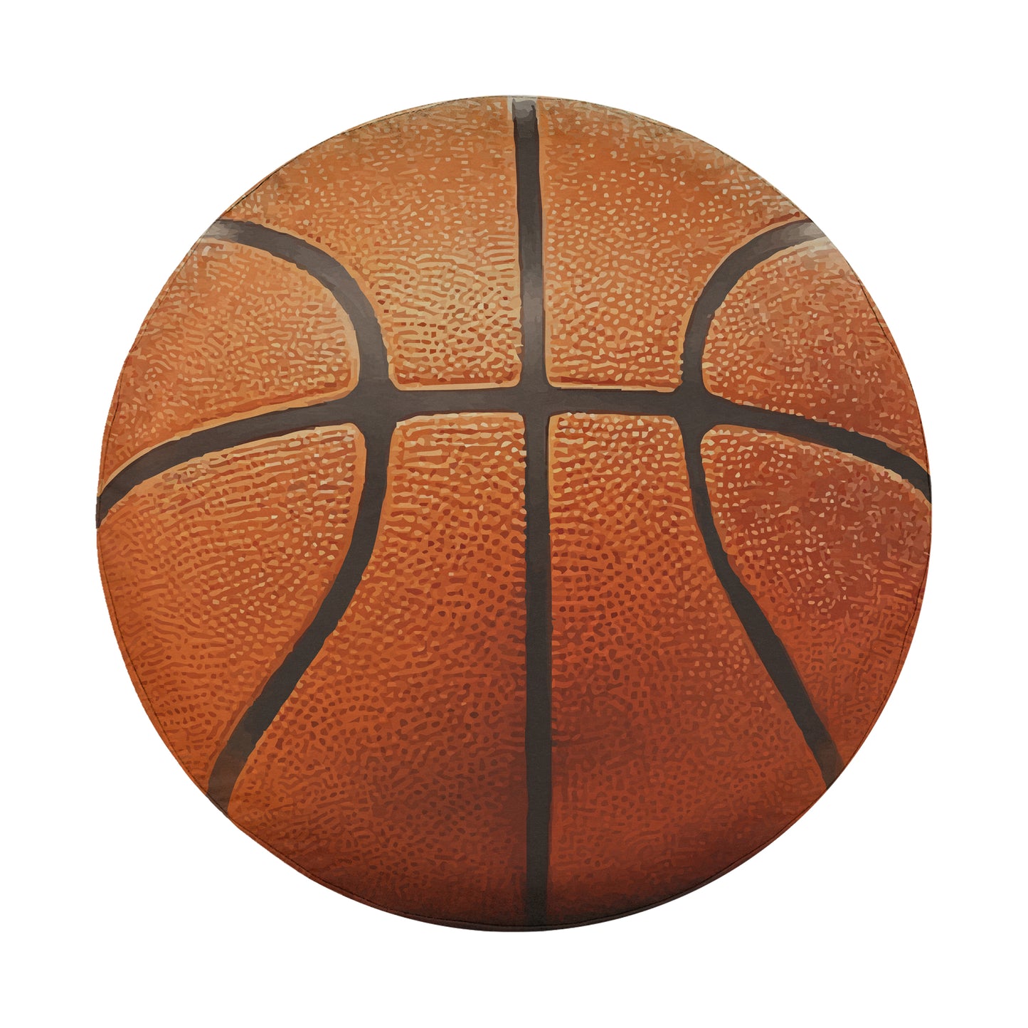 A close-up view of a basketball with a textured surface and a distinctive black pattern.