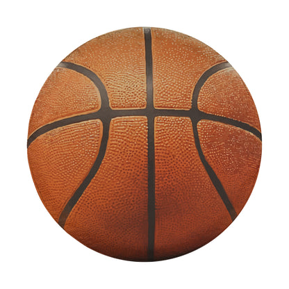 A close-up view of a basketball with a textured surface and a distinctive black pattern.