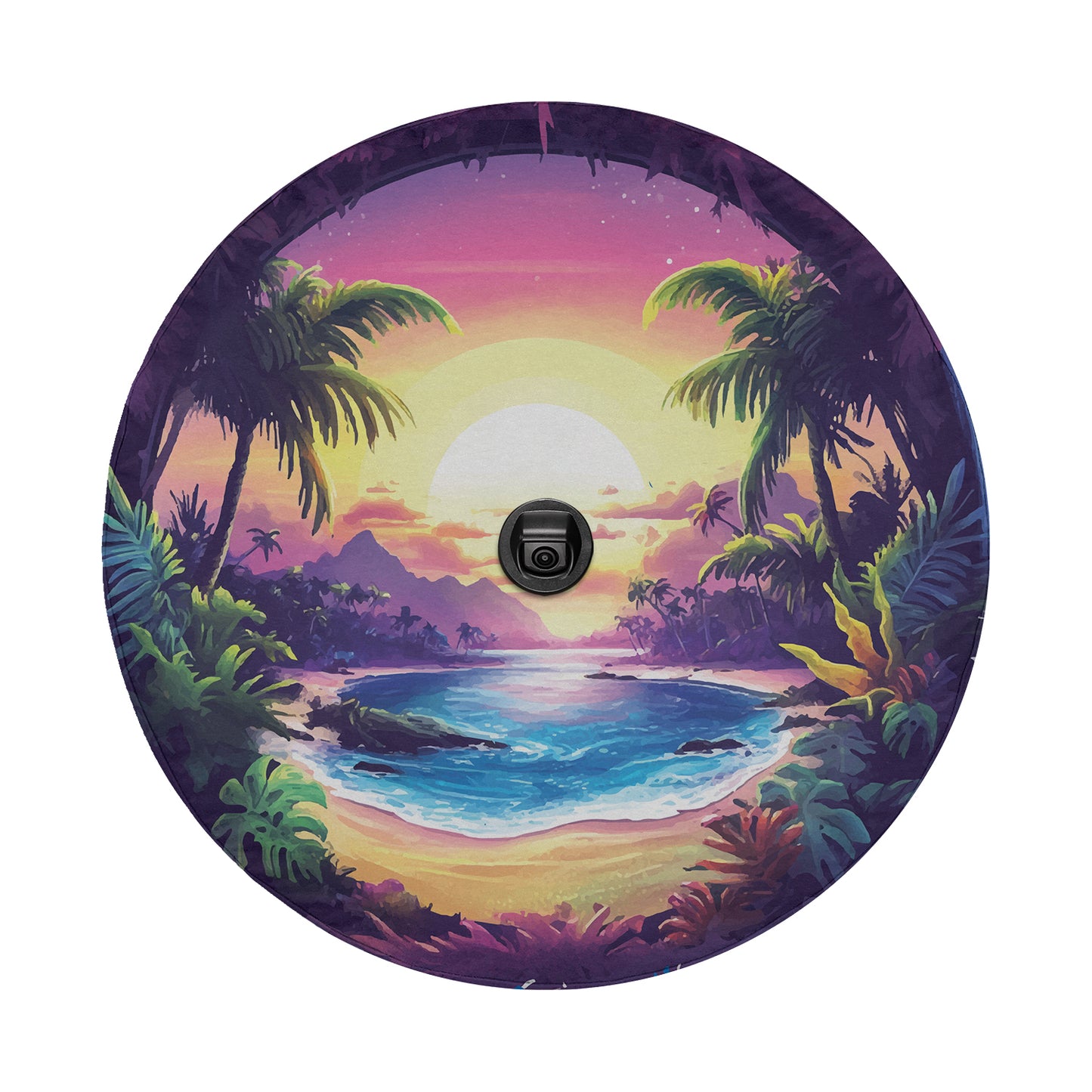 a painting of a tropical sunset with palm trees