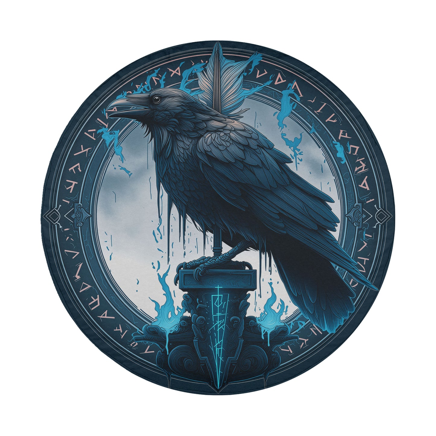 A dark blue raven perched on a pedestal, surrounded by a circular frame with intricate designs and symbols.