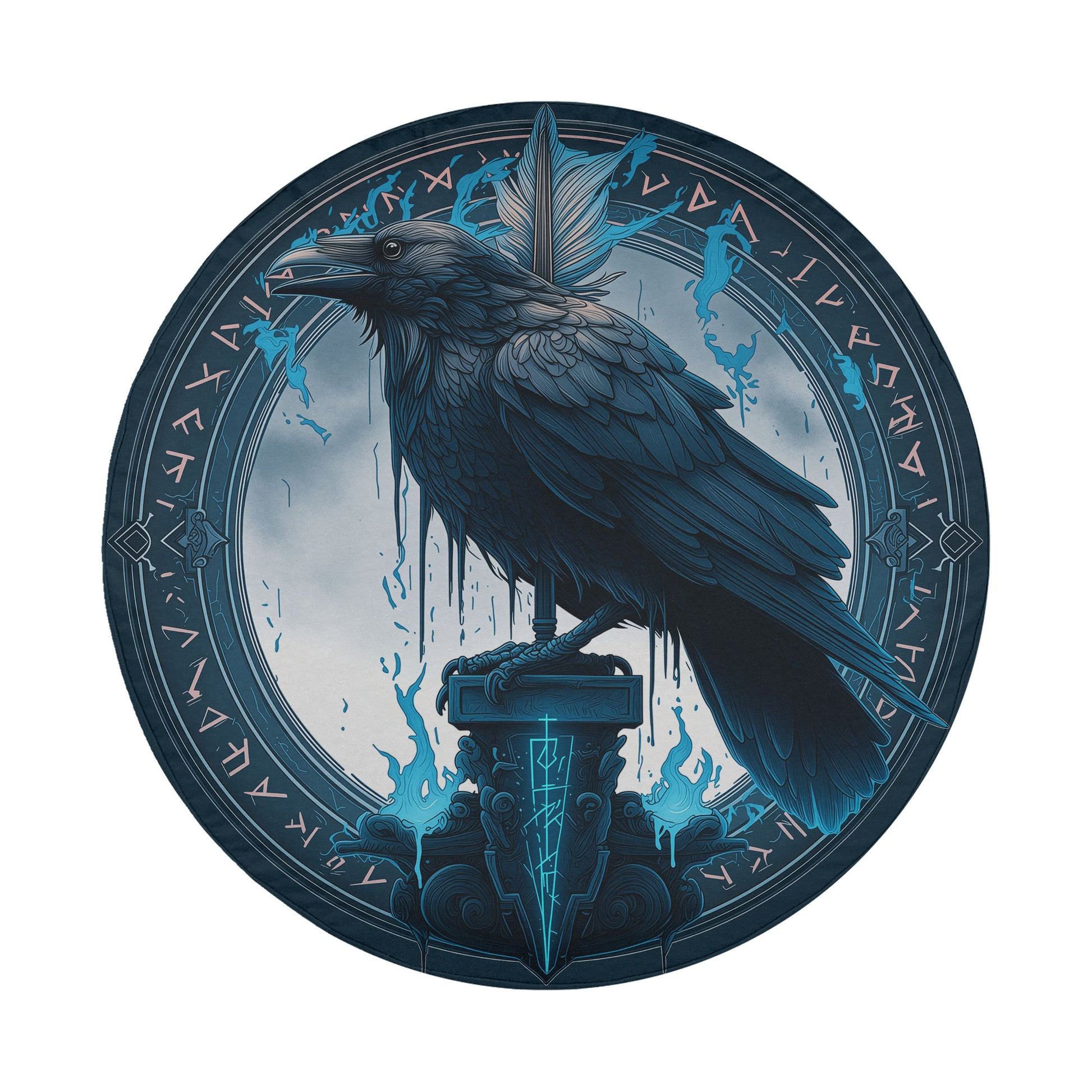 A dark blue raven perched on a pedestal, surrounded by a circular frame with intricate designs and symbols.