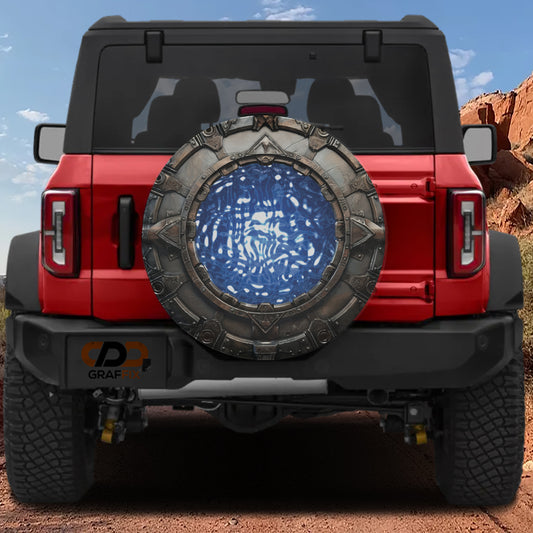 the rear view of a red Jeep Wrangler with a large silver and blue spare tire mounted on the vehicle.