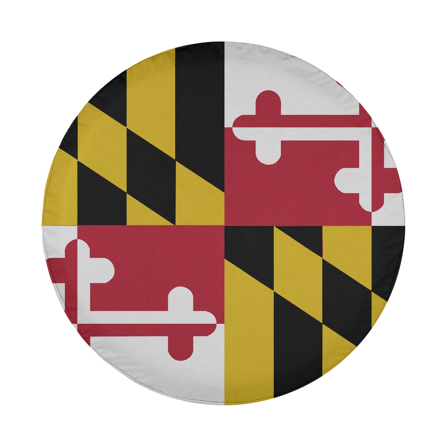 a circular design with a repeating pattern of black, yellow, and red shapes, resembling the flag of Maryland.