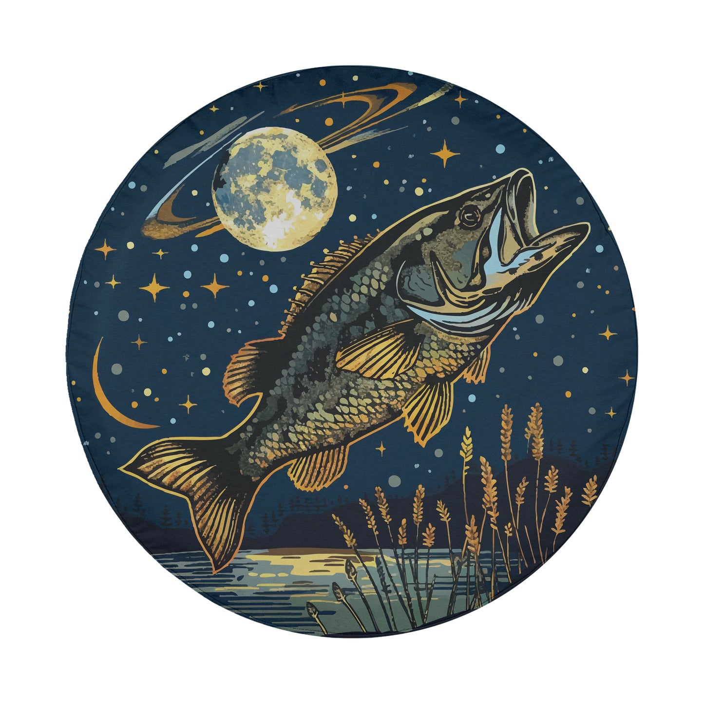 A large fish leaps out of the water against a starry night sky, with a full moon and a crescent moon in the background.