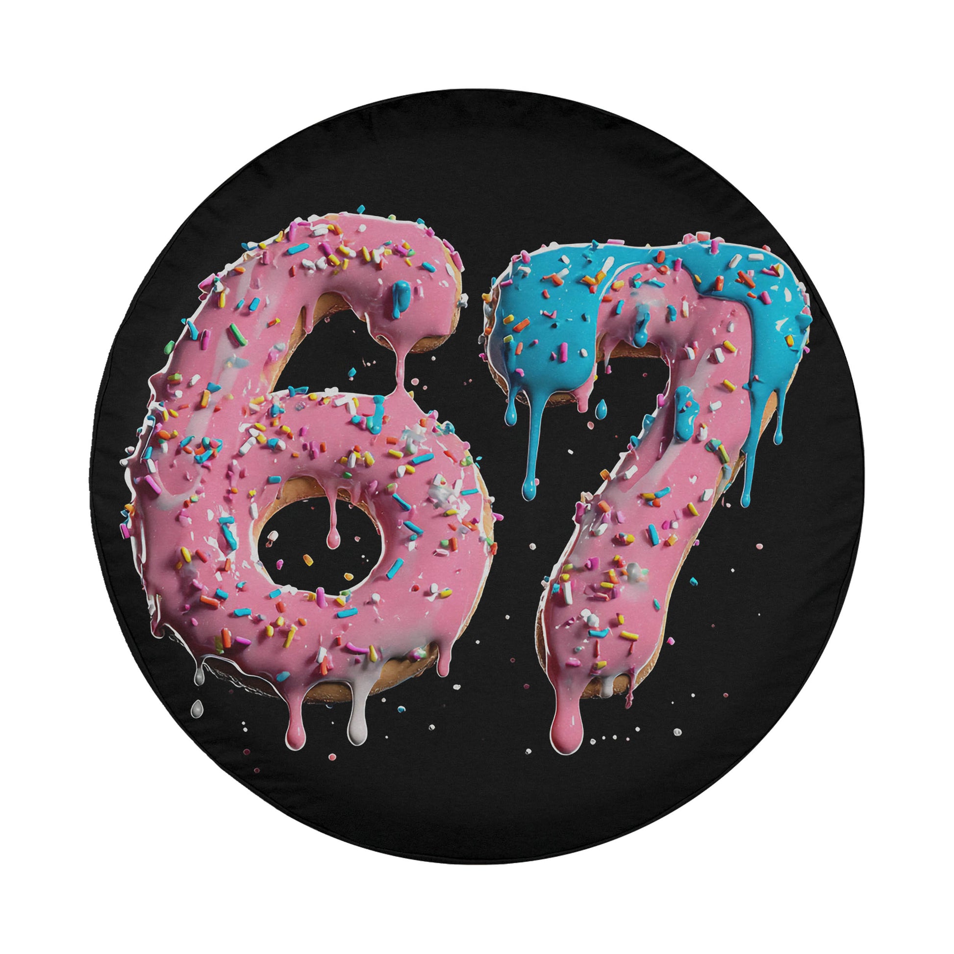 A circular design featuring the numbers 6 and 7 made of colorful frosting and sprinkles, with the number 6 appearing in pink and the number 7 in blue.