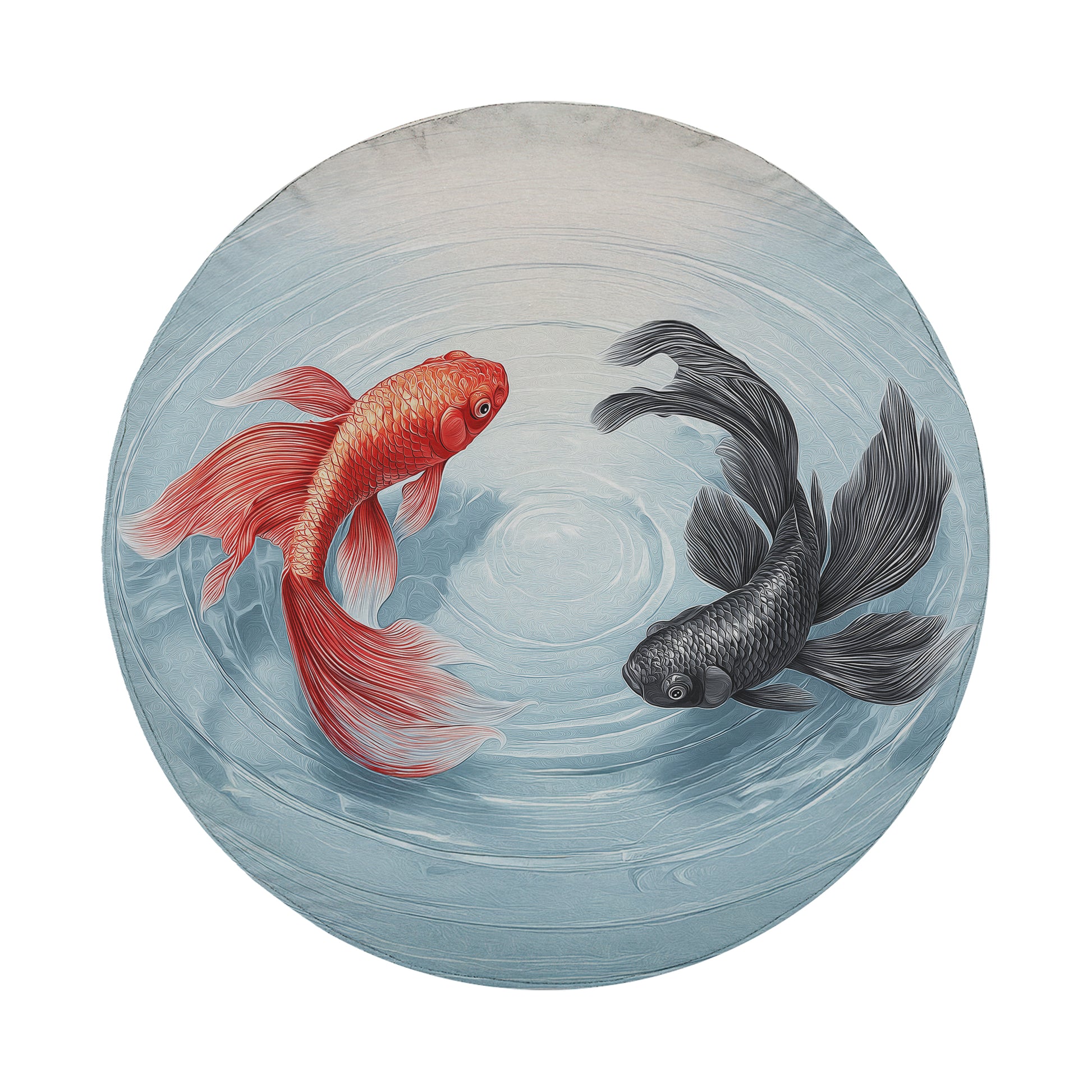 two fish swimming in a circular pattern, with one fish being red and the other being black.