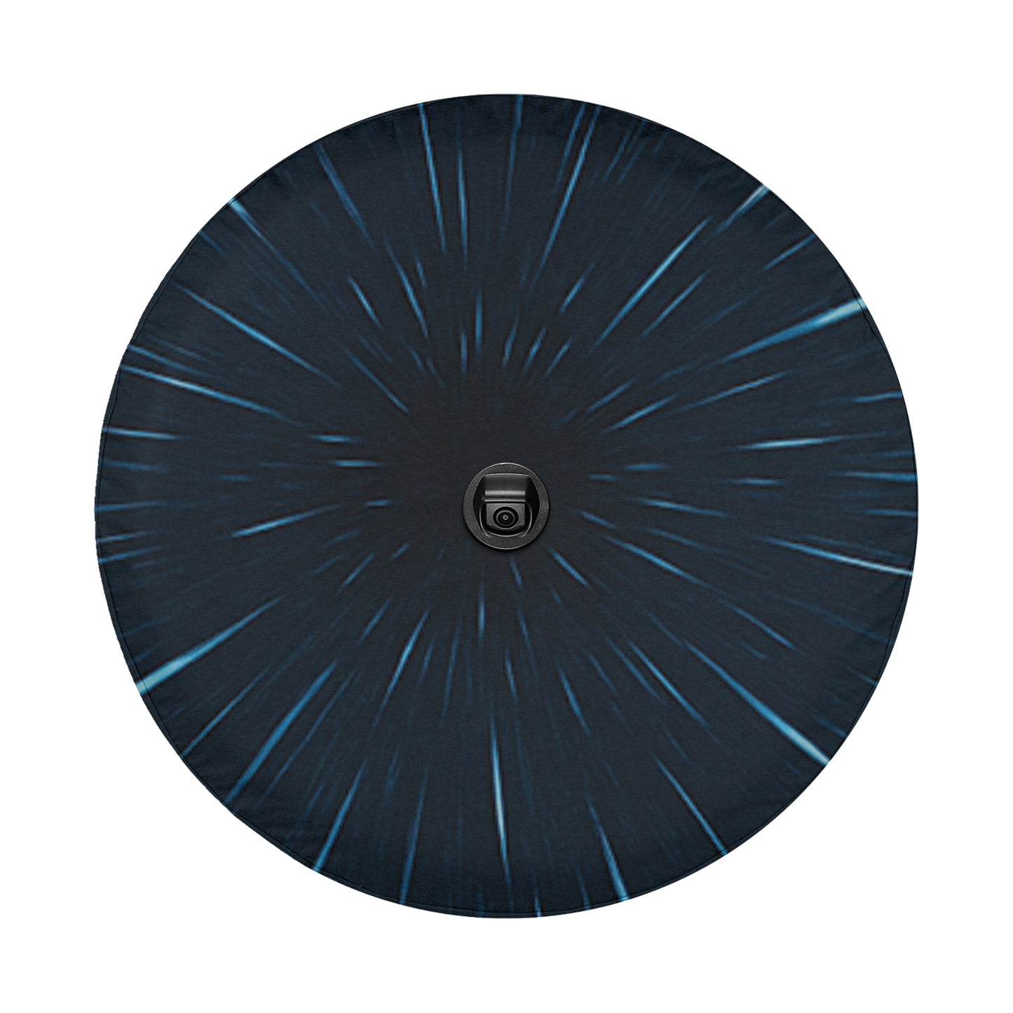 a black circular object with a camera lens in the center, surrounded by blue lines that appear to be radiating outwards.