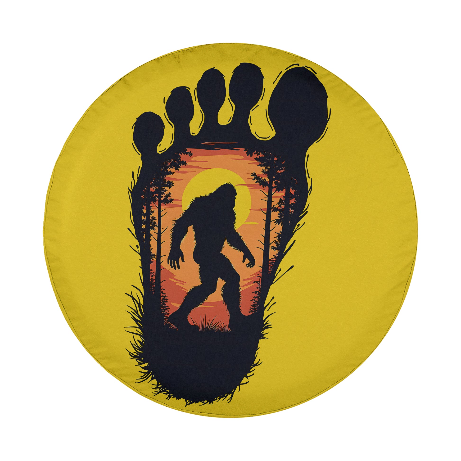 A silhouette of a Sasquatch, a mythical creature, is depicted within a circle against a yellow background.