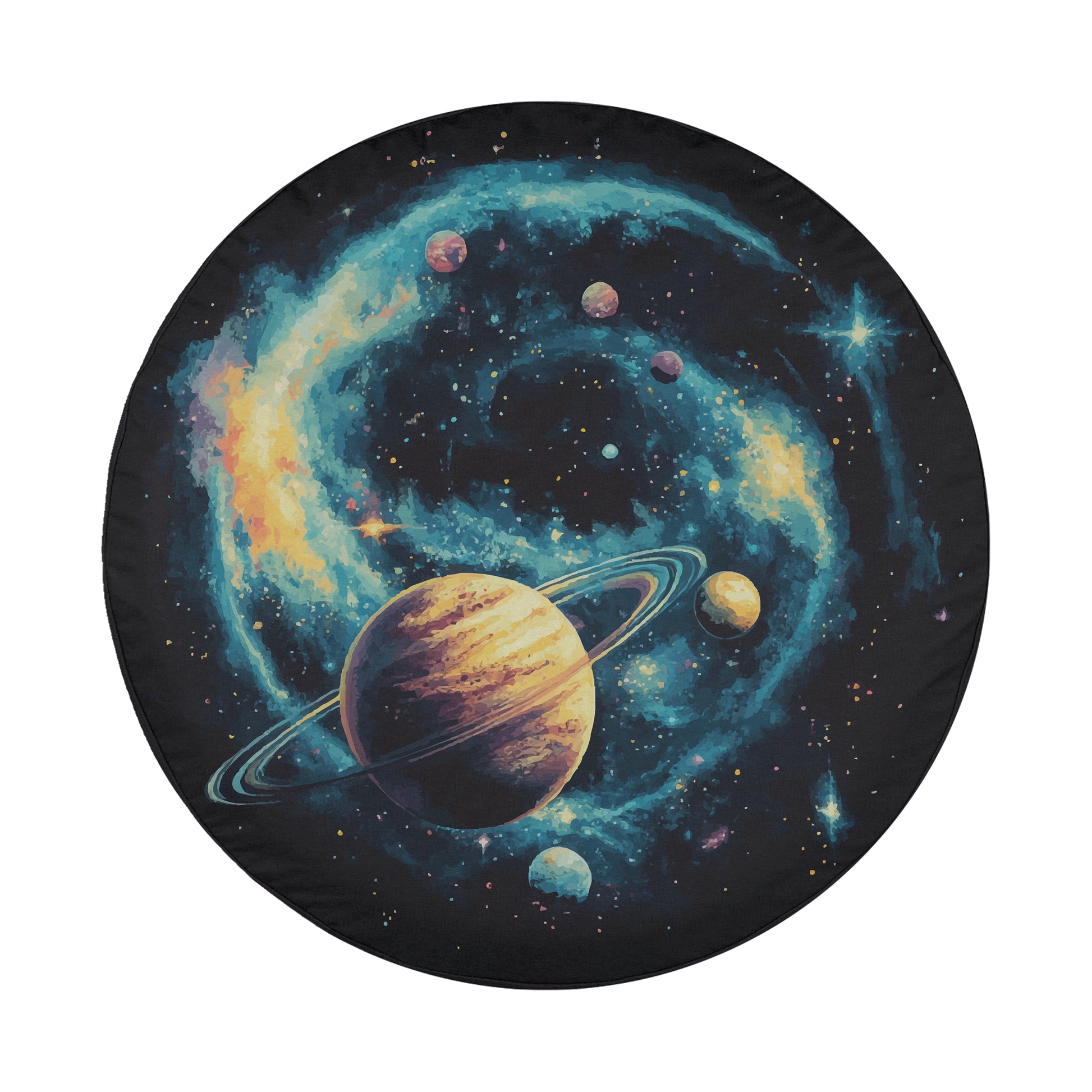 A circular image depicting a vibrant and colorful depiction of planets and stars in a cosmic scene.