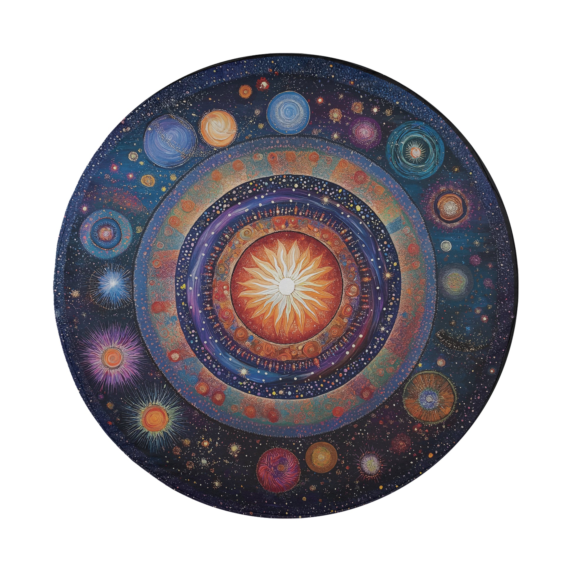 The image is a circular artwork depicting a vibrant and colorful depiction of the universe, with various celestial elements such as planets, stars, and nebulae.