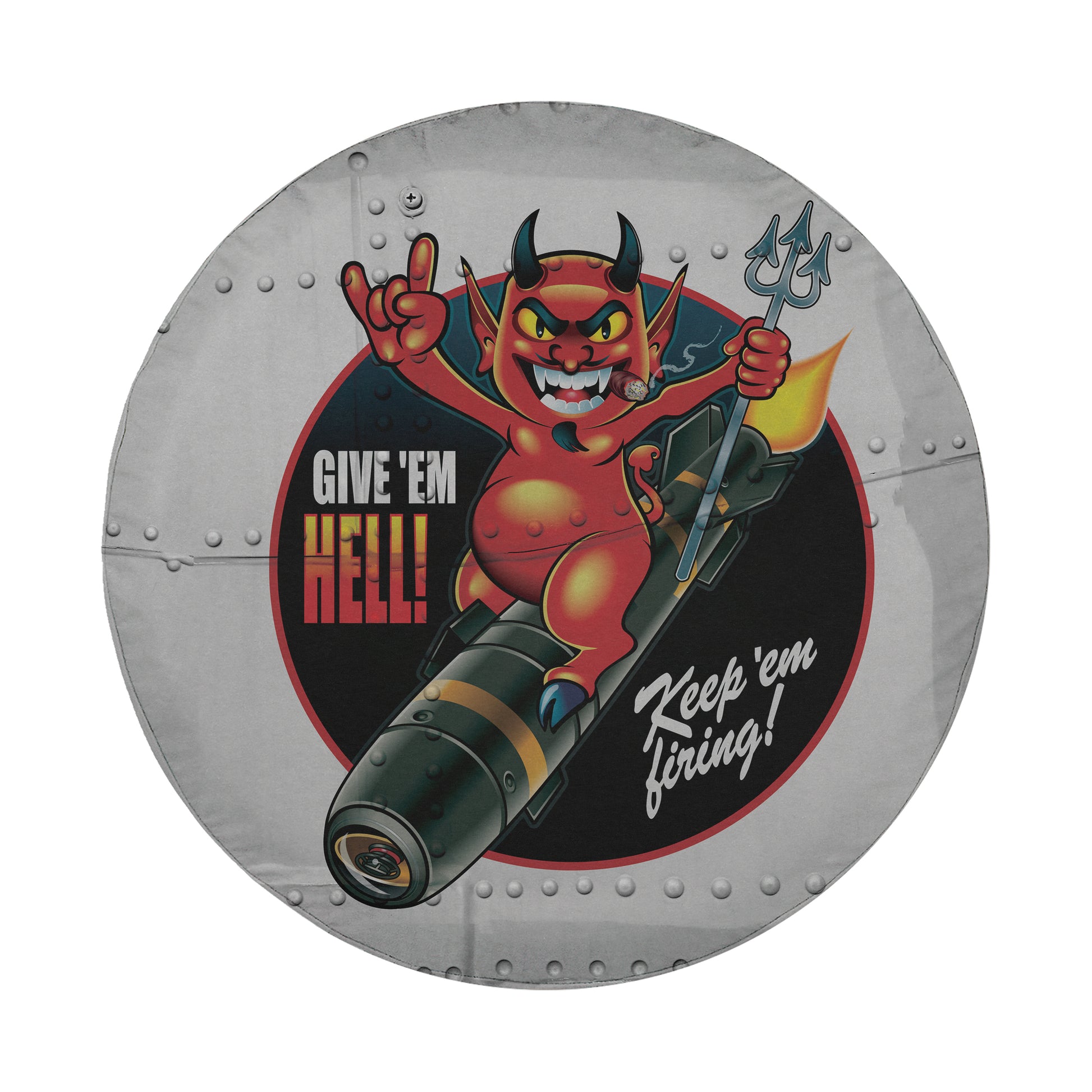 a round metal object with a devil on it