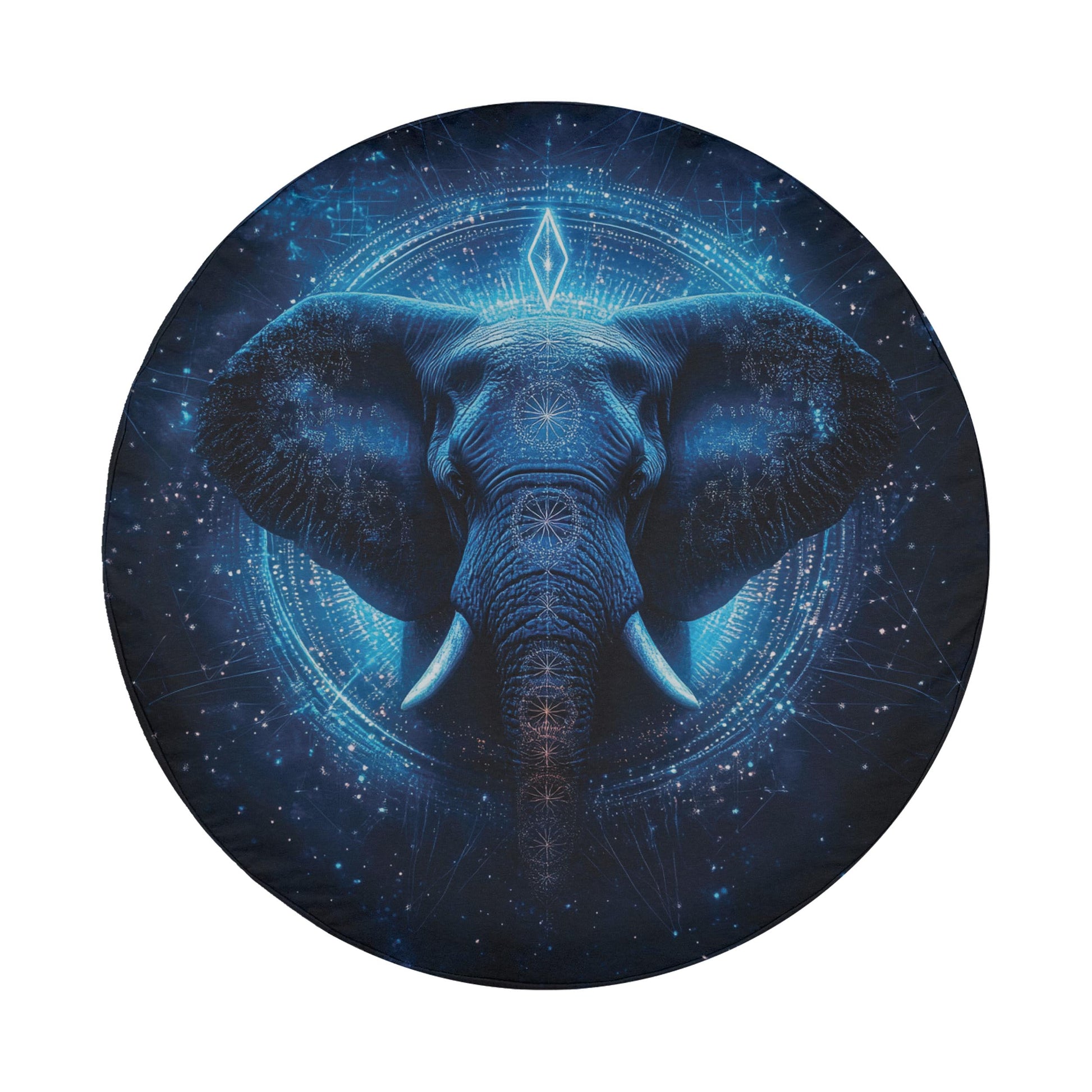 a large, majestic elephant surrounded by a radiant, ethereal glow of blue and white lights, creating a sense of wonder and awe.