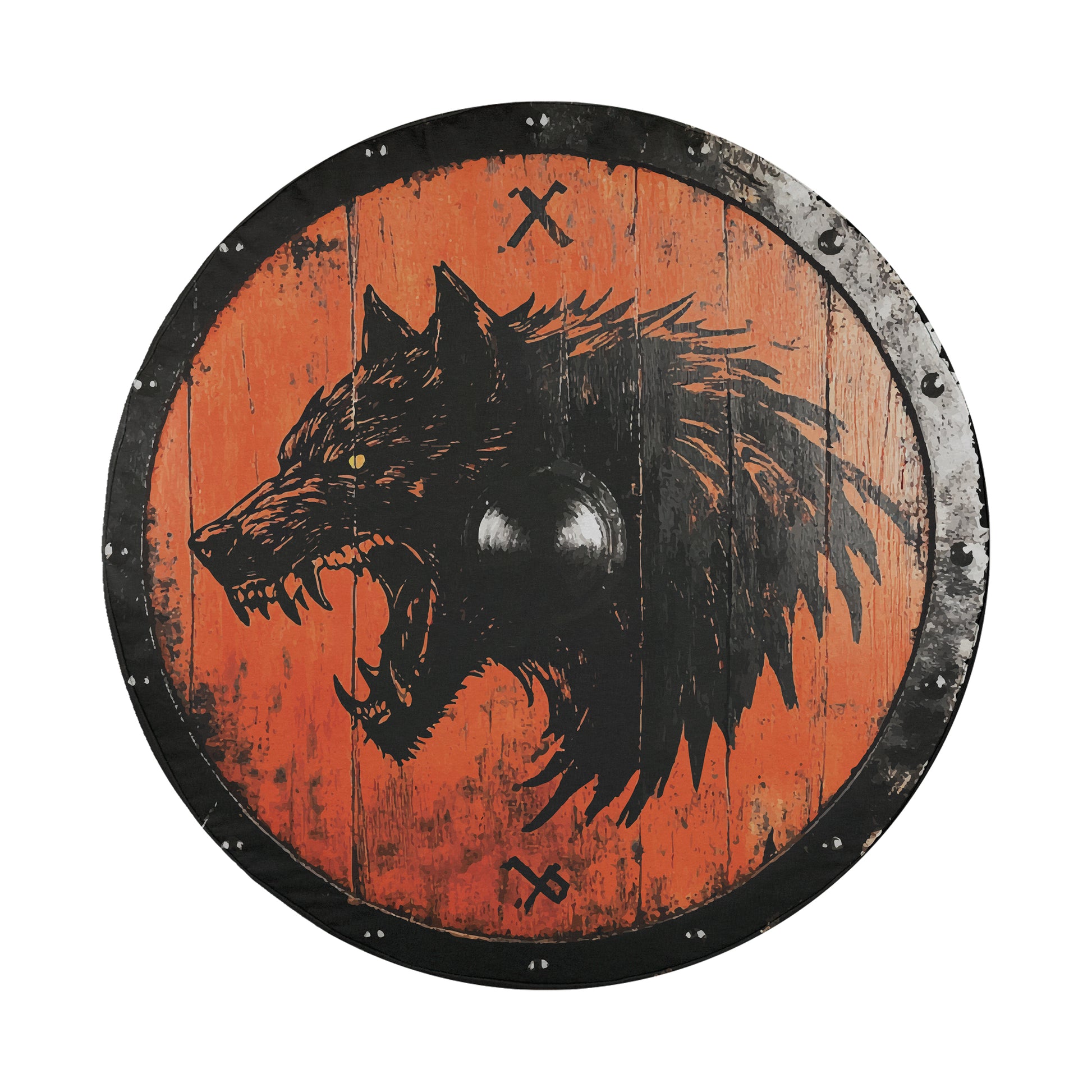 a wooden shield with a fierce wolf's head design on it.