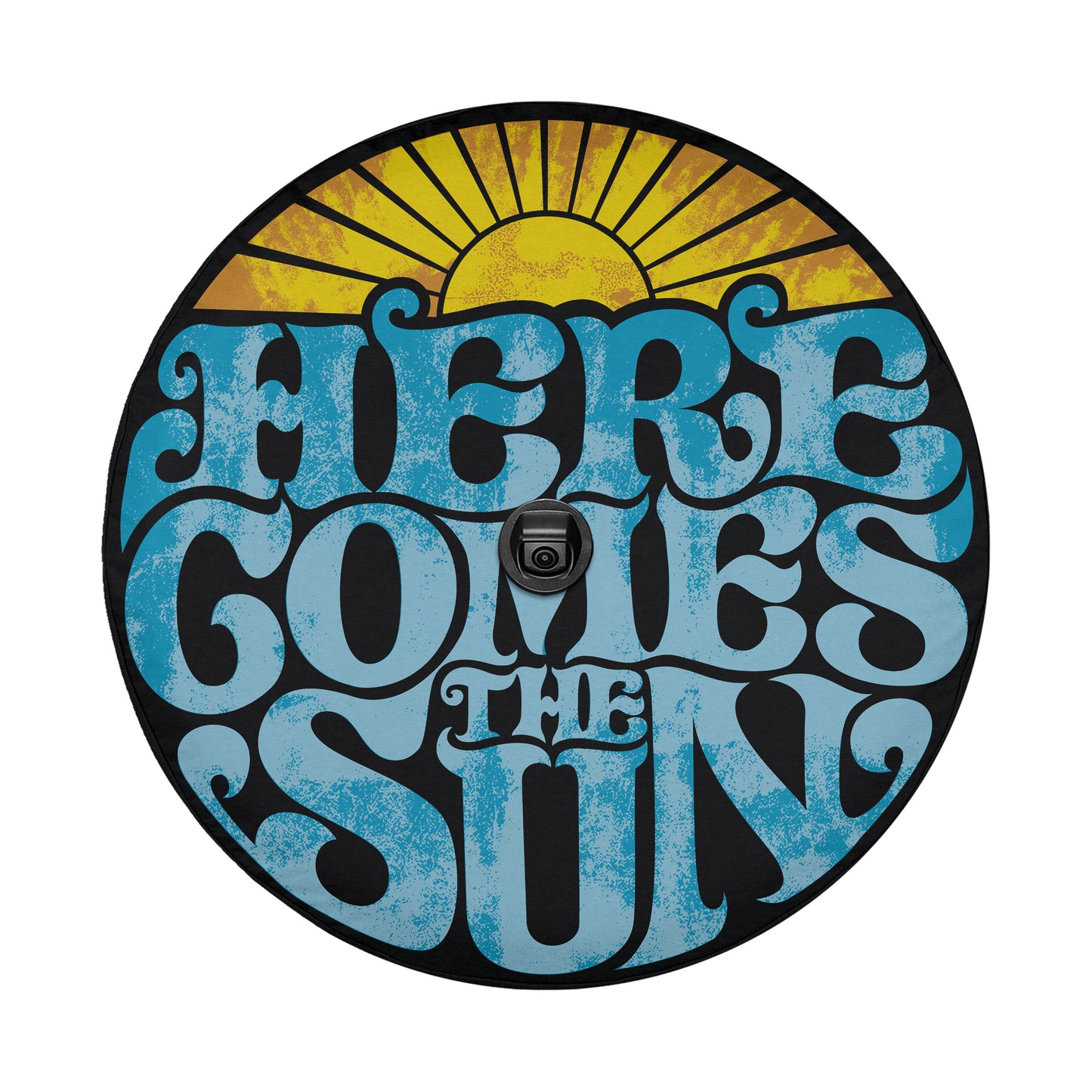 a circular design with the text "Here comes the sun" written in a stylized, vintage-inspired font.