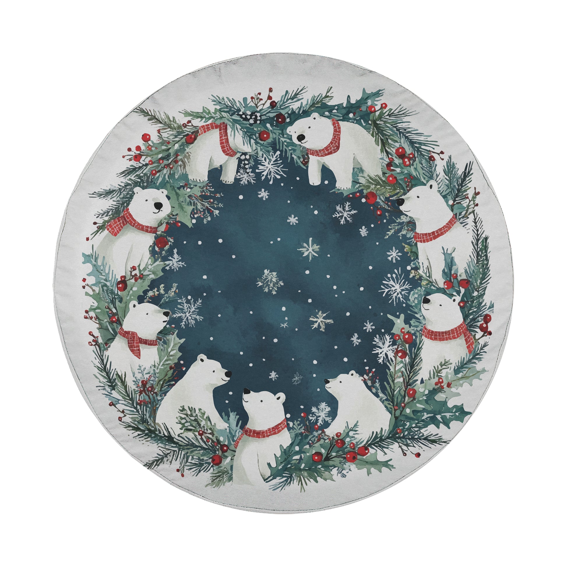A circular wreath with white polar bears wearing red scarves, surrounded by snowflakes and berries, creating a festive winter scene.