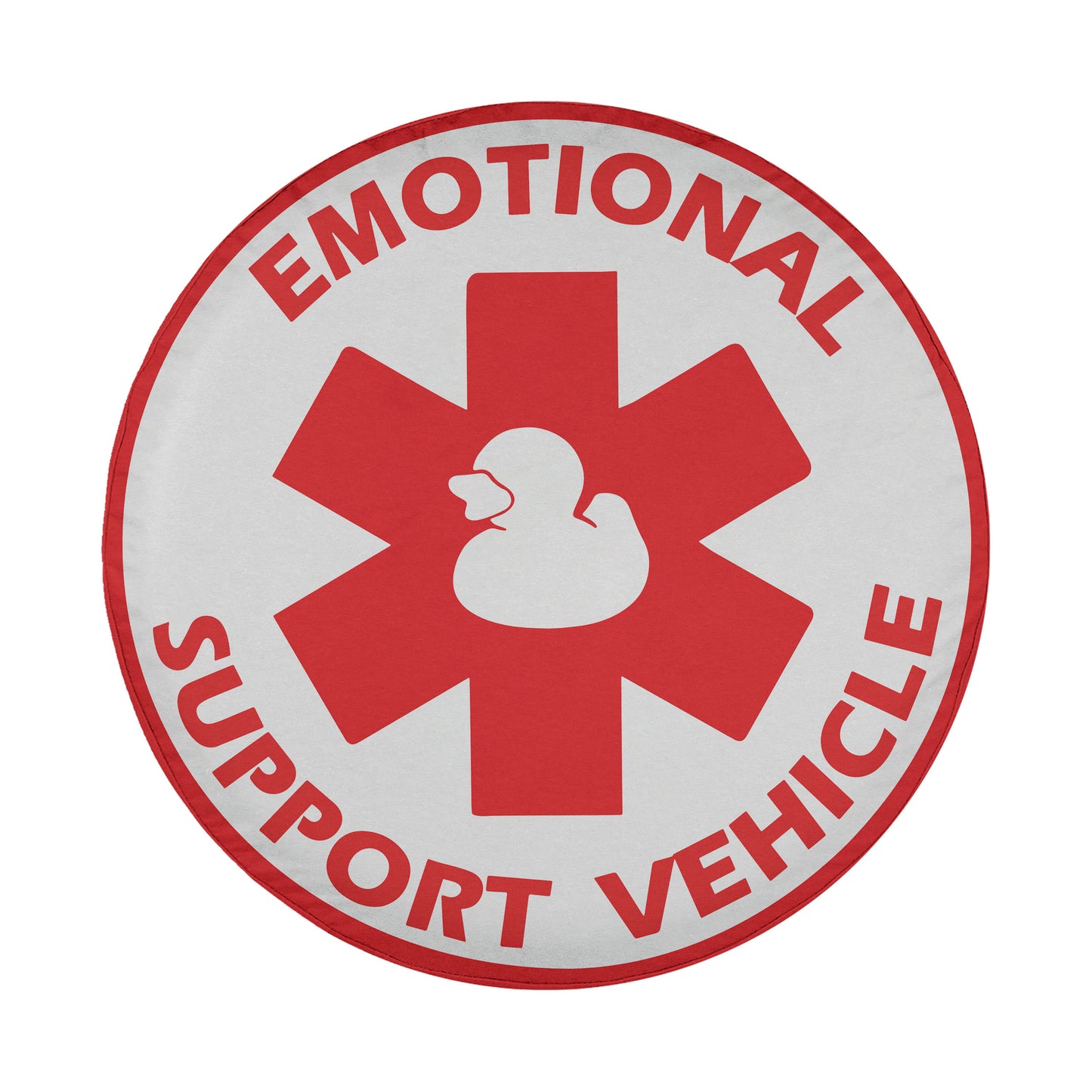 a red and white logo with the text "EMOTIONAL SUPPORT VEHICLE" and a duck symbol.