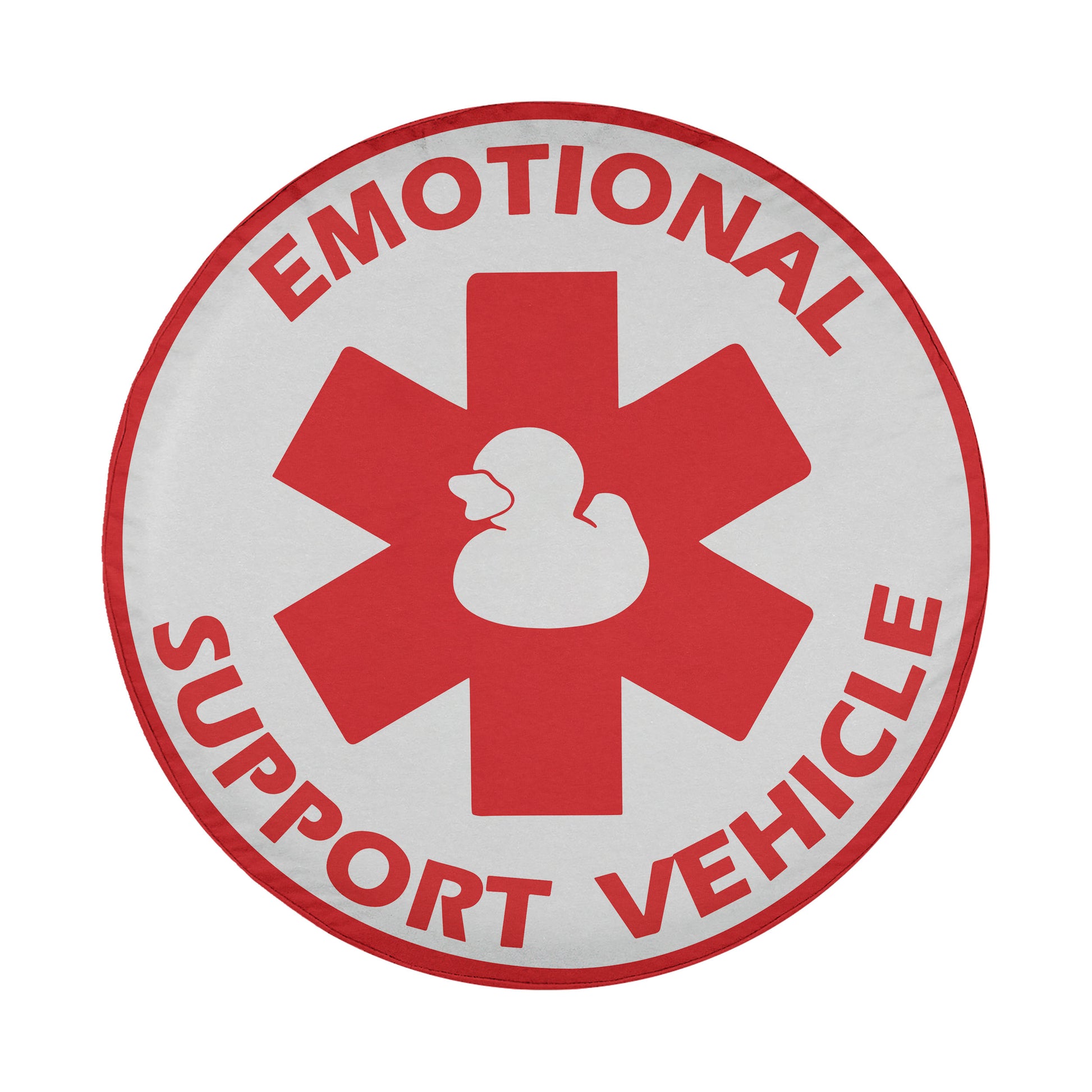 a red and white logo with the text "EMOTIONAL SUPPORT VEHICLE" and a duck symbol.