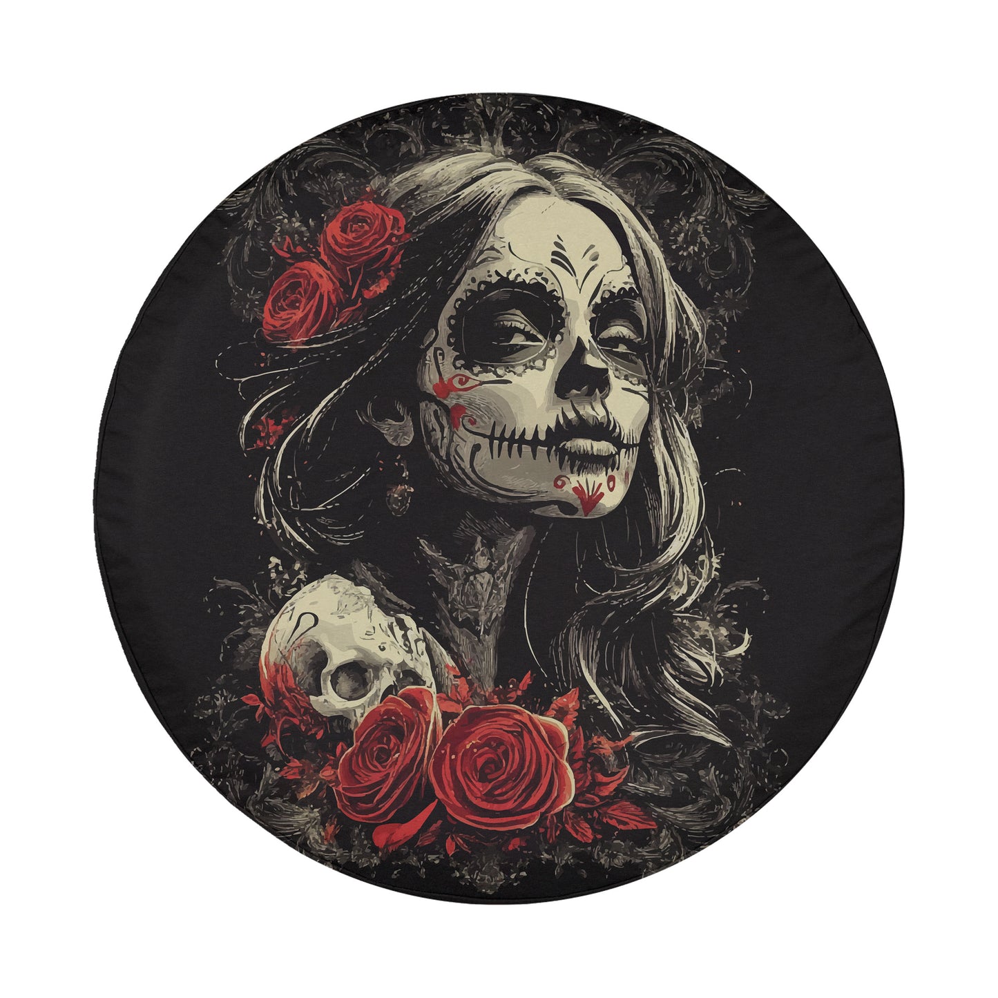 A skull with intricate floral designs and a woman's face with red roses adorning her hair.