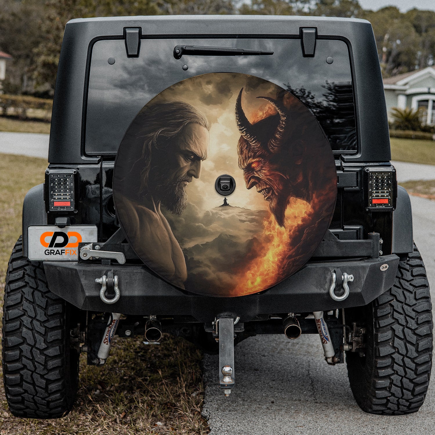 a picture of a man and a dragon on the back of a jeep