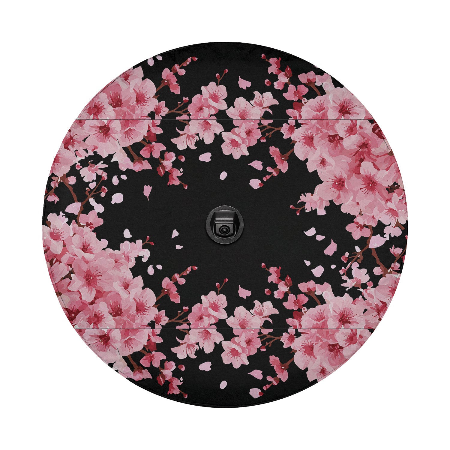 a black plate with pink flowers on it
