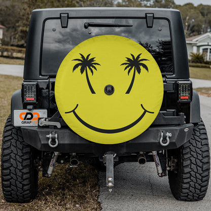 a yellow smiley face with two palm trees on it
