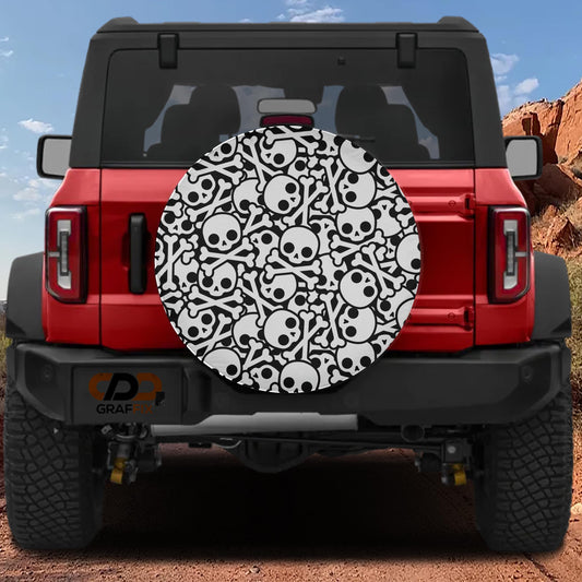 the back of a red Jeep Wrangler with a skull and crossbones pattern on the rear window cover.