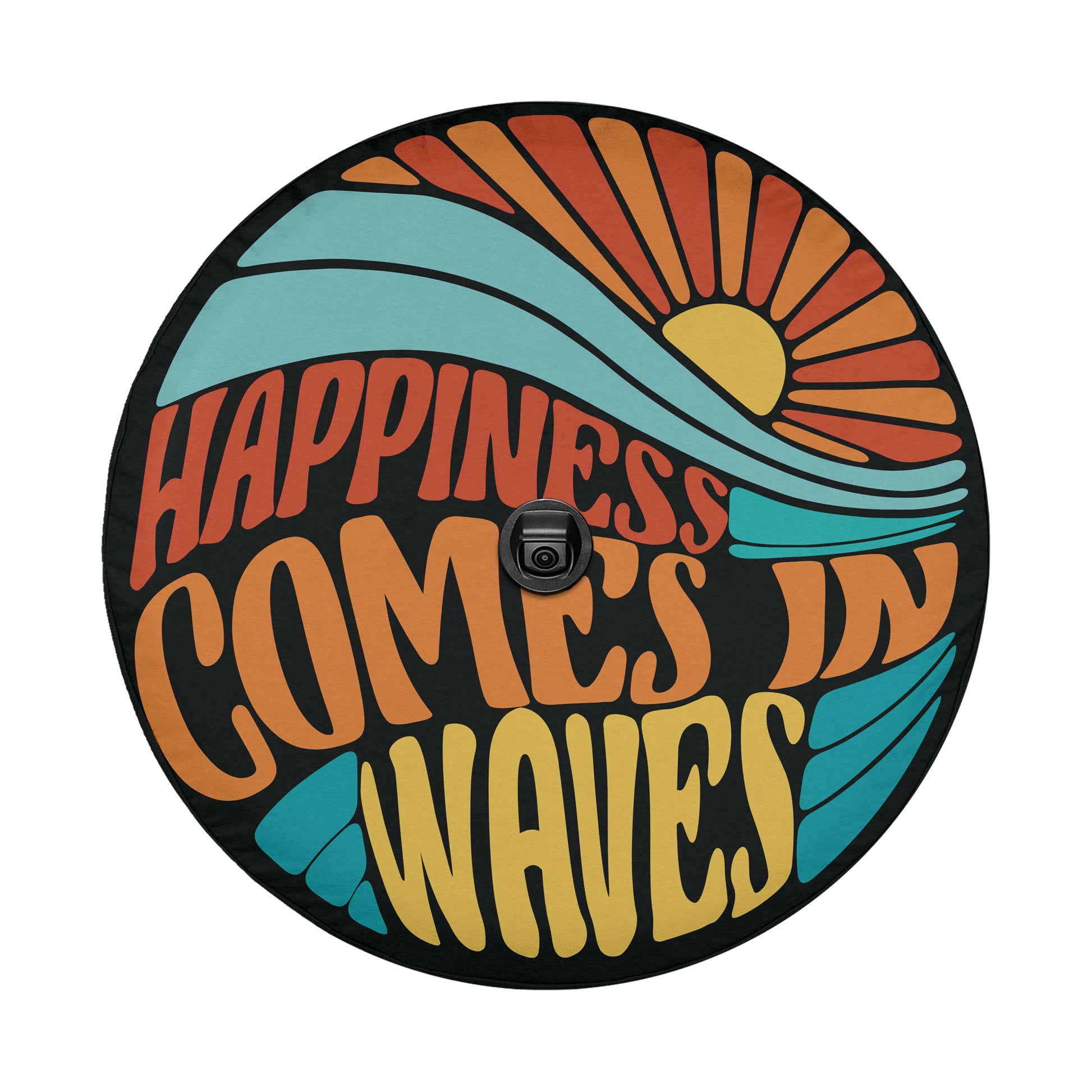 A colorful circular design with the text "Happiness comes in waves" written in a stylized font.