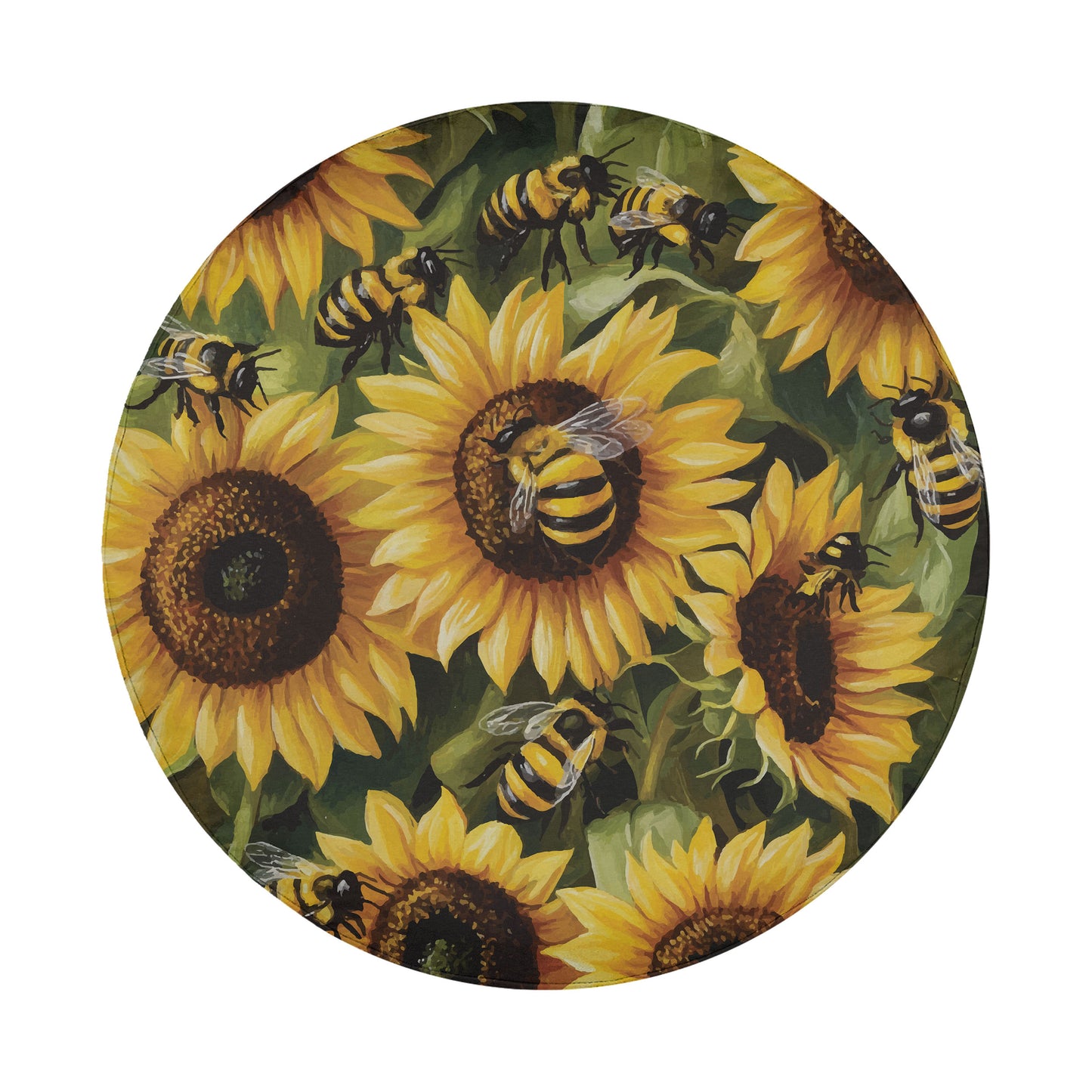 A circular image depicting a vibrant scene of bees hovering around a cluster of sunflowers.
