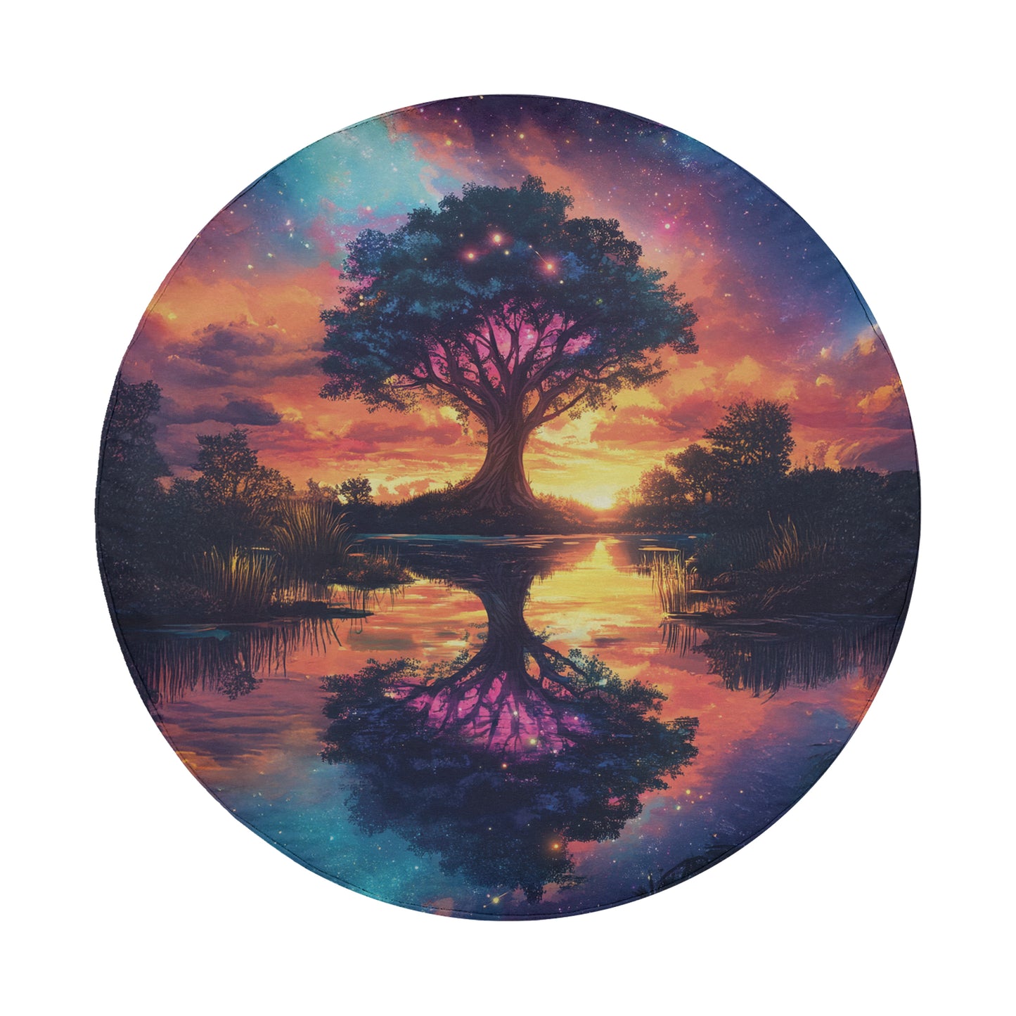 a painting of a tree reflecting in the water