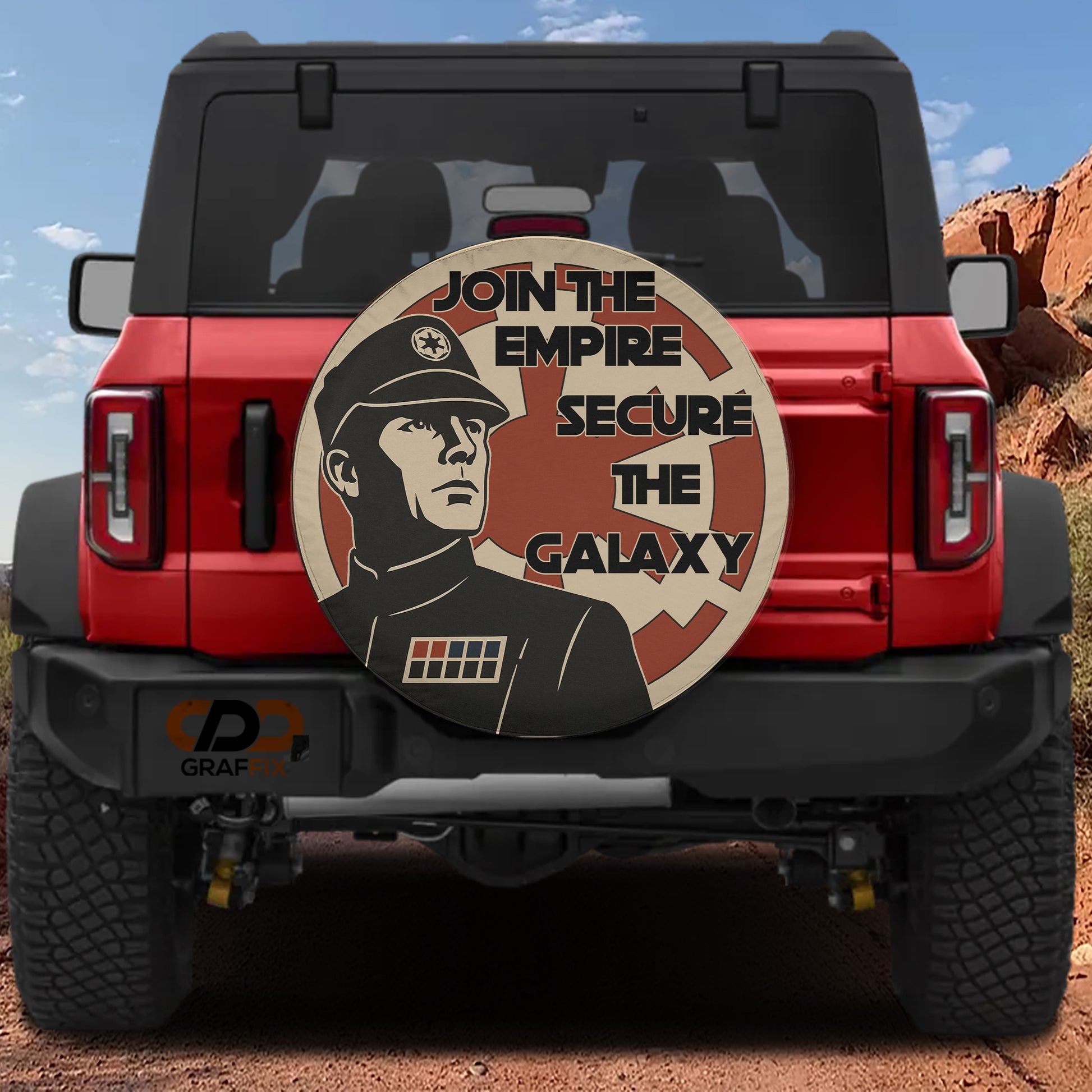 a red Jeep Wrangler with a large circular decal on the rear window that says "JOIN THE EMPIRE SECURE THE GALAXY".