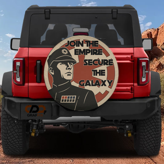a red Jeep Wrangler with a large circular decal on the rear window that says "JOIN THE EMPIRE SECURE THE GALAXY".